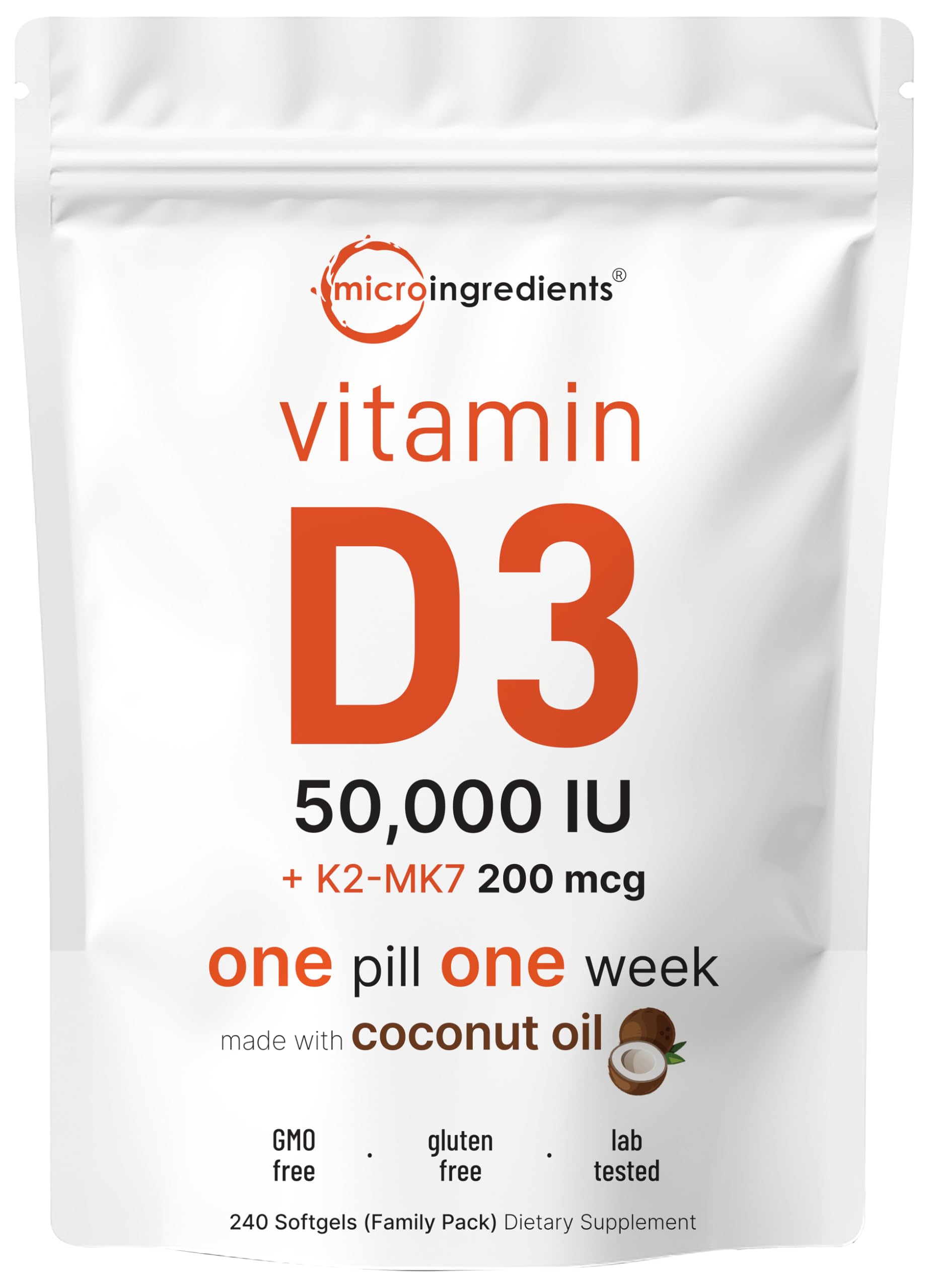 Micro Ingredients vitamin D3 + K2 softgel bottle supports bone health and immune vitality.