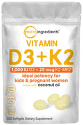 Micro Ingredients Vitamin D3 1,000 IU + K2 MK-7 25 mcg Softgels – Virgin Coconut Oil, 300-Count, Non-GMO