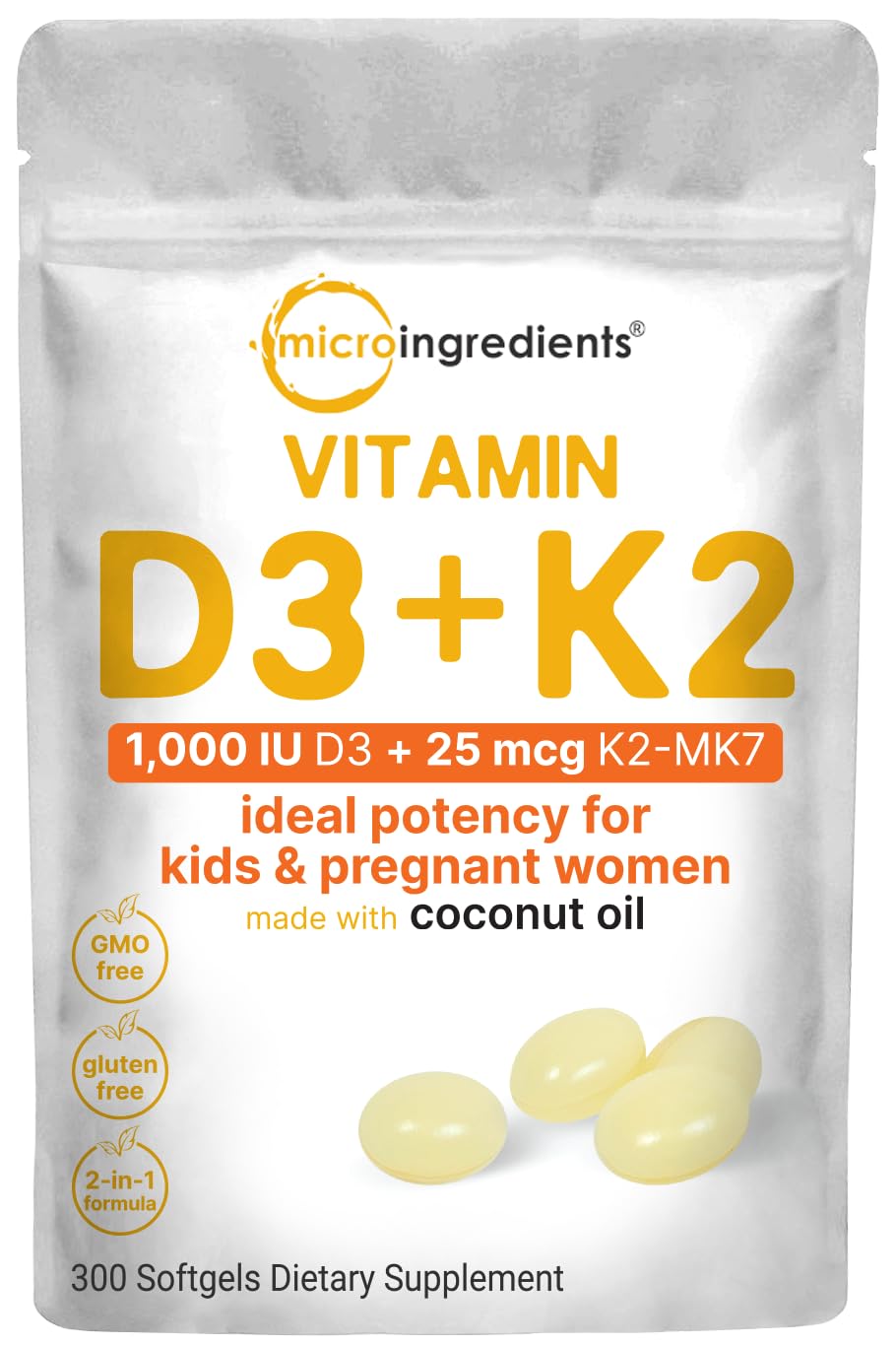 Micro Ingredients vitamin D3 + K2 softgels bottle highlighting convenient daily support for bone wellness.