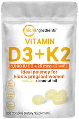 Micro Ingredients vitamin D3 + K2 softgels bottle highlighting convenient daily support for bone wellness.