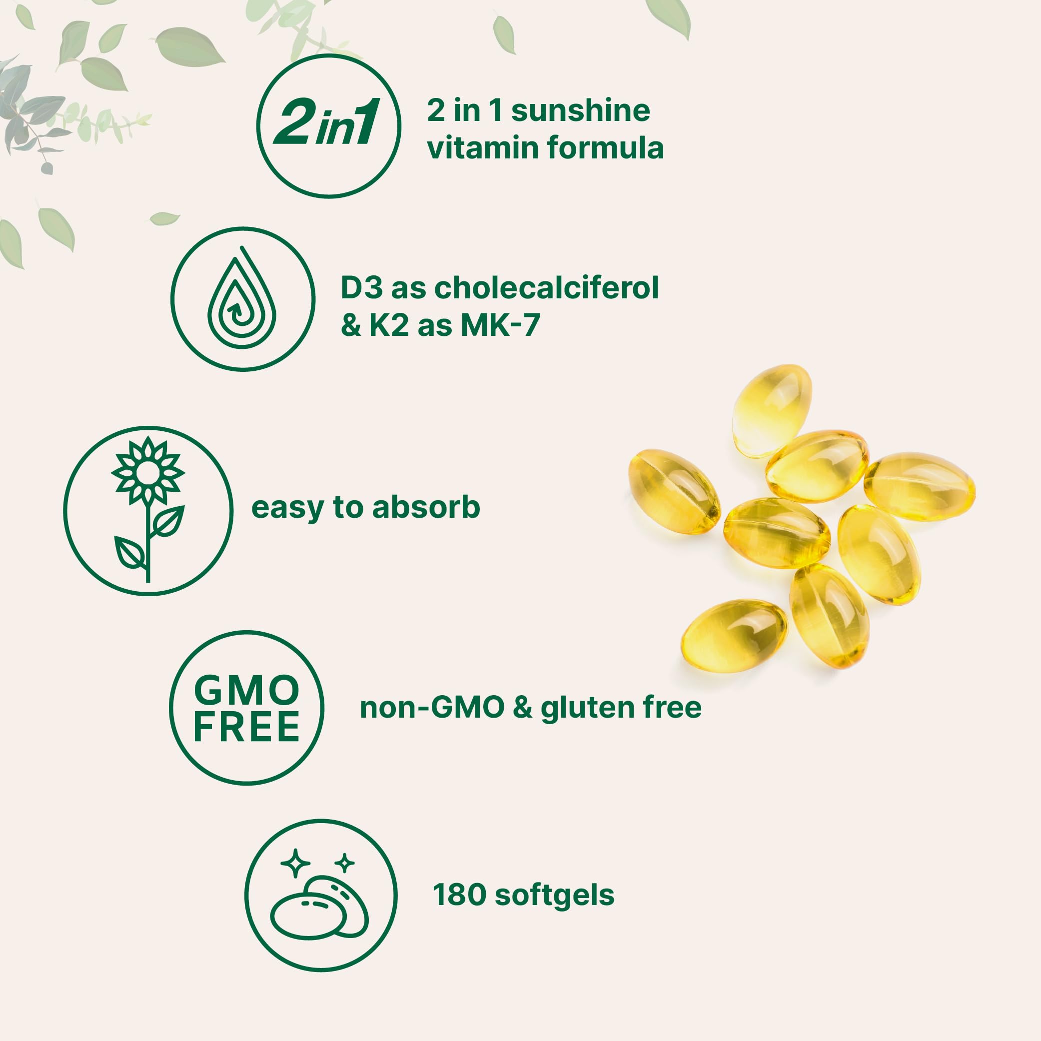 Close-up of softgels from Micro Ingredients Vitamin D3 + K2 for easy swallowing