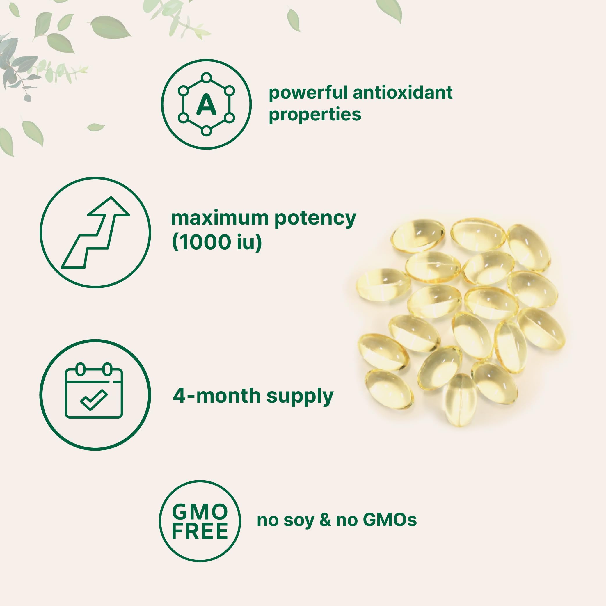 Label highlights non-GMO and gluten-free claims on vitamin E bottle.