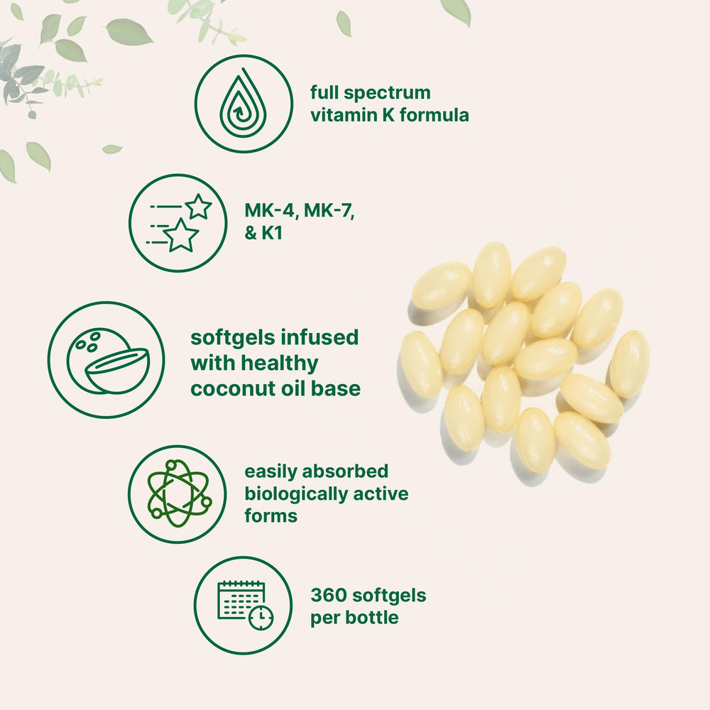 Pouch of Micro Ingredients Vitamin K Complex showing 360 softgels for two-per-day use