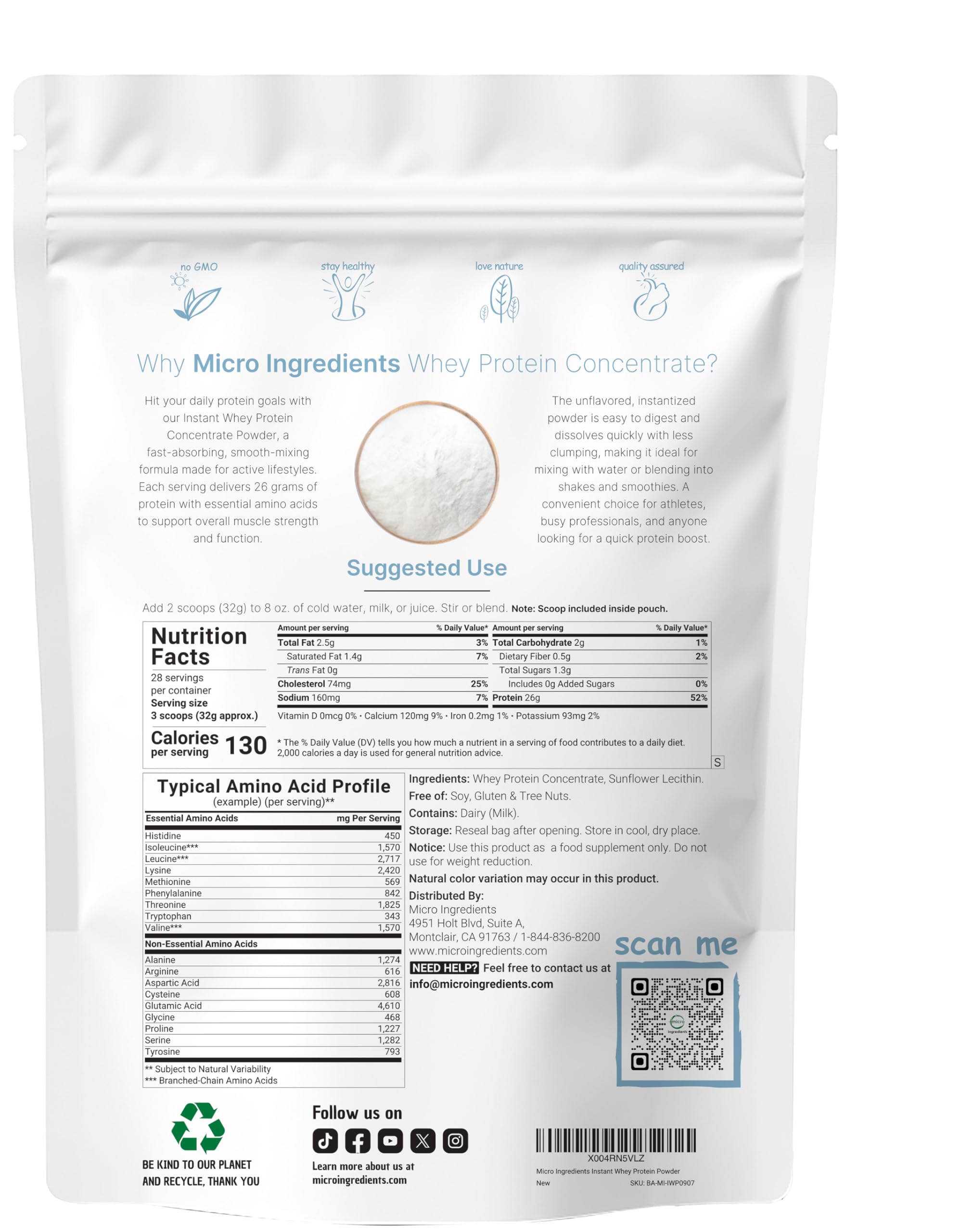Micro Ingredients whey protein 26g per scoop supports daily protein goals.