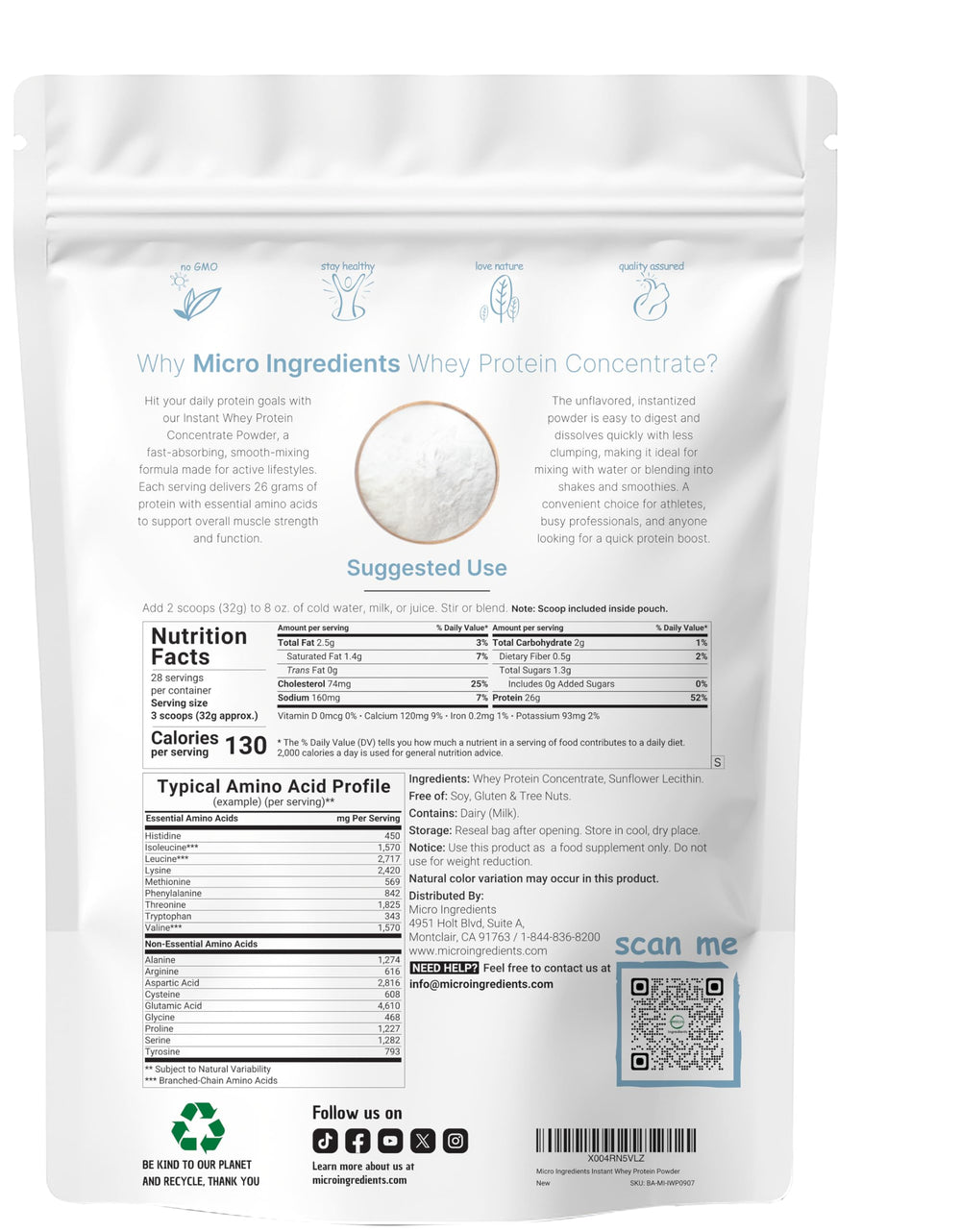 Micro Ingredients whey protein 26g per scoop supports daily protein goals.