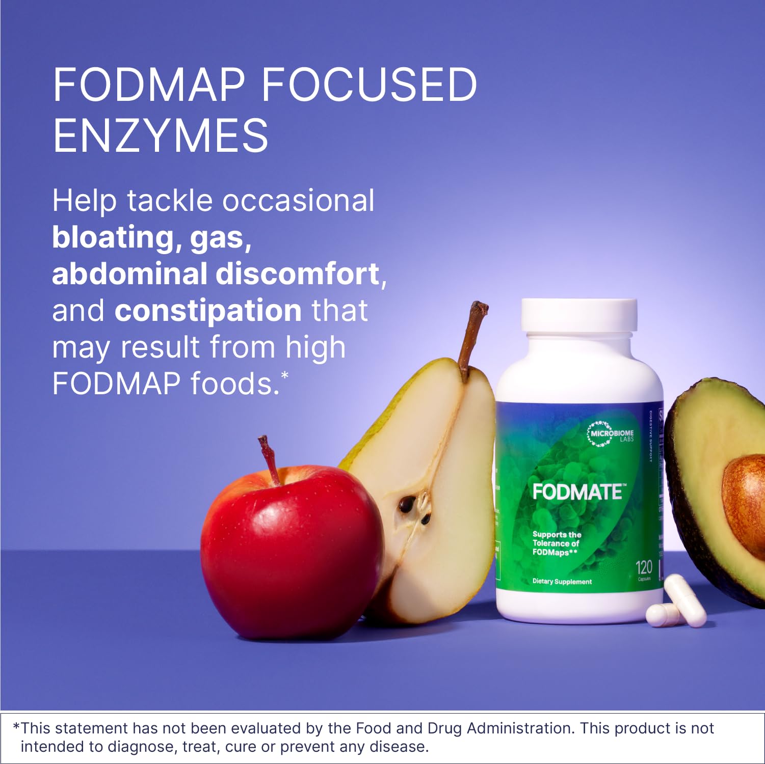 Back label of Microbiome Labs FODMATE bottle with ingredients and usage directions.