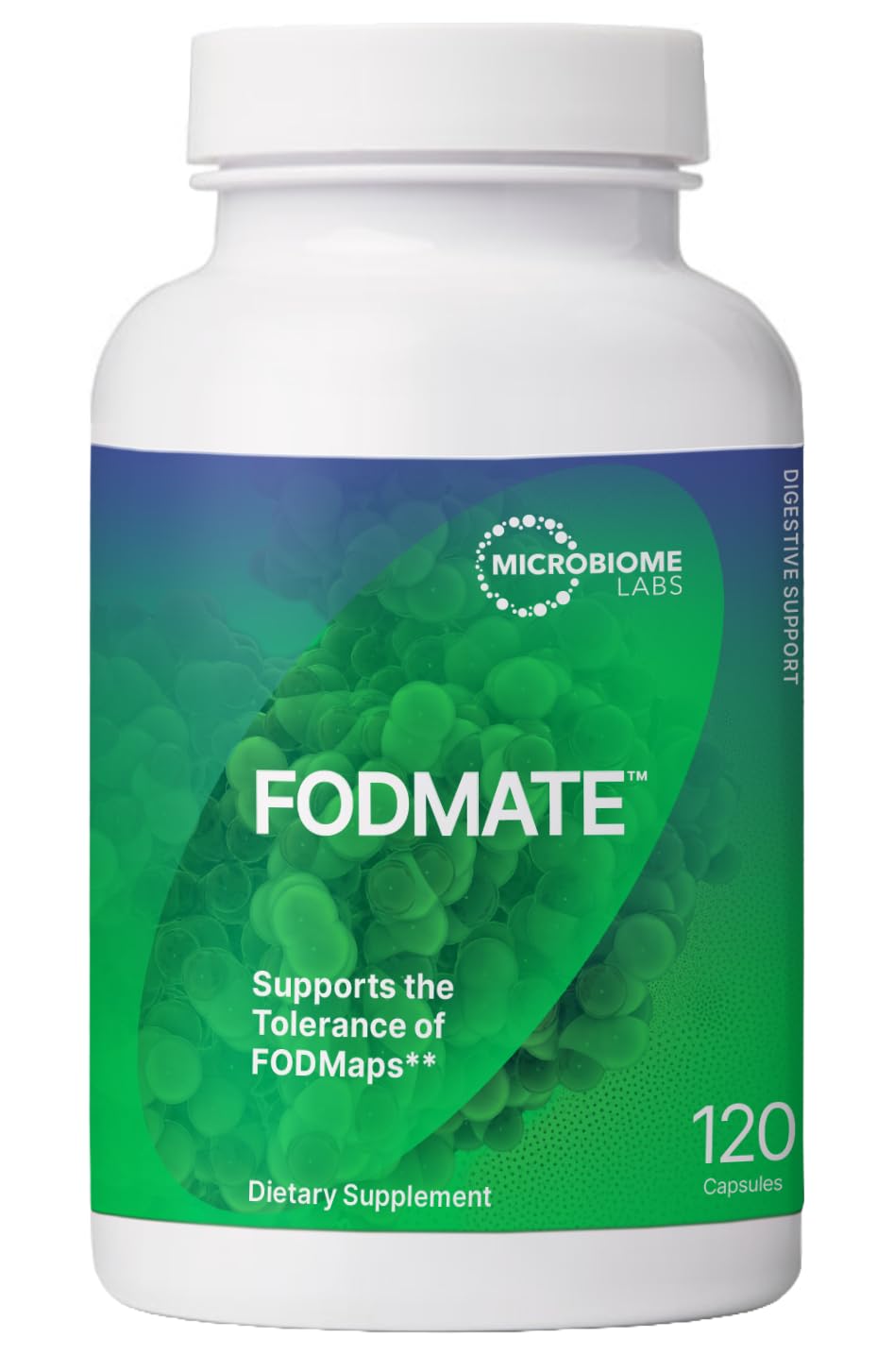 Microbiome Labs FODMATE bottle front showing digestive enzyme formula for daily support.