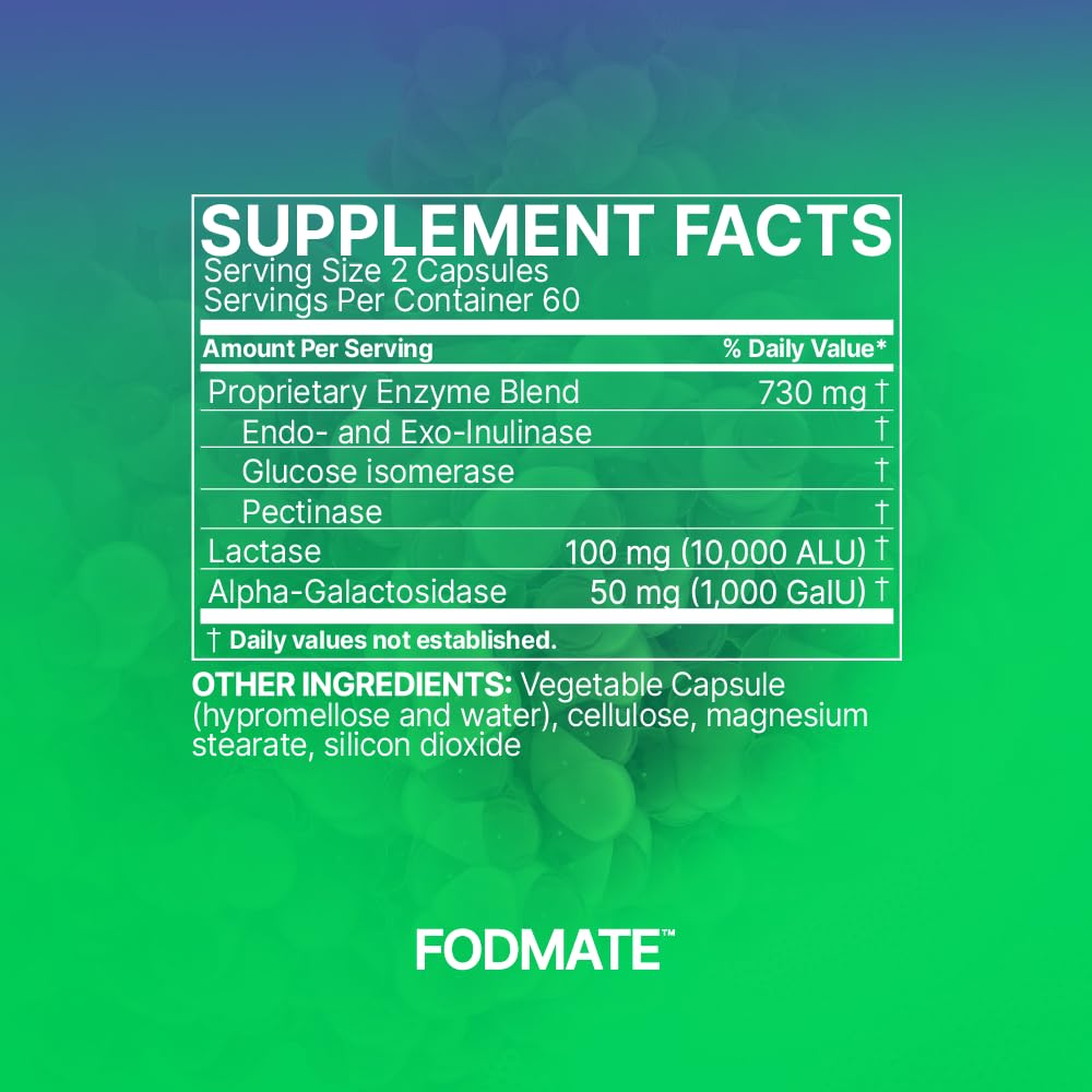 Supplement facts panel of Microbiome Labs FODMATE highlighting the enzyme blend.