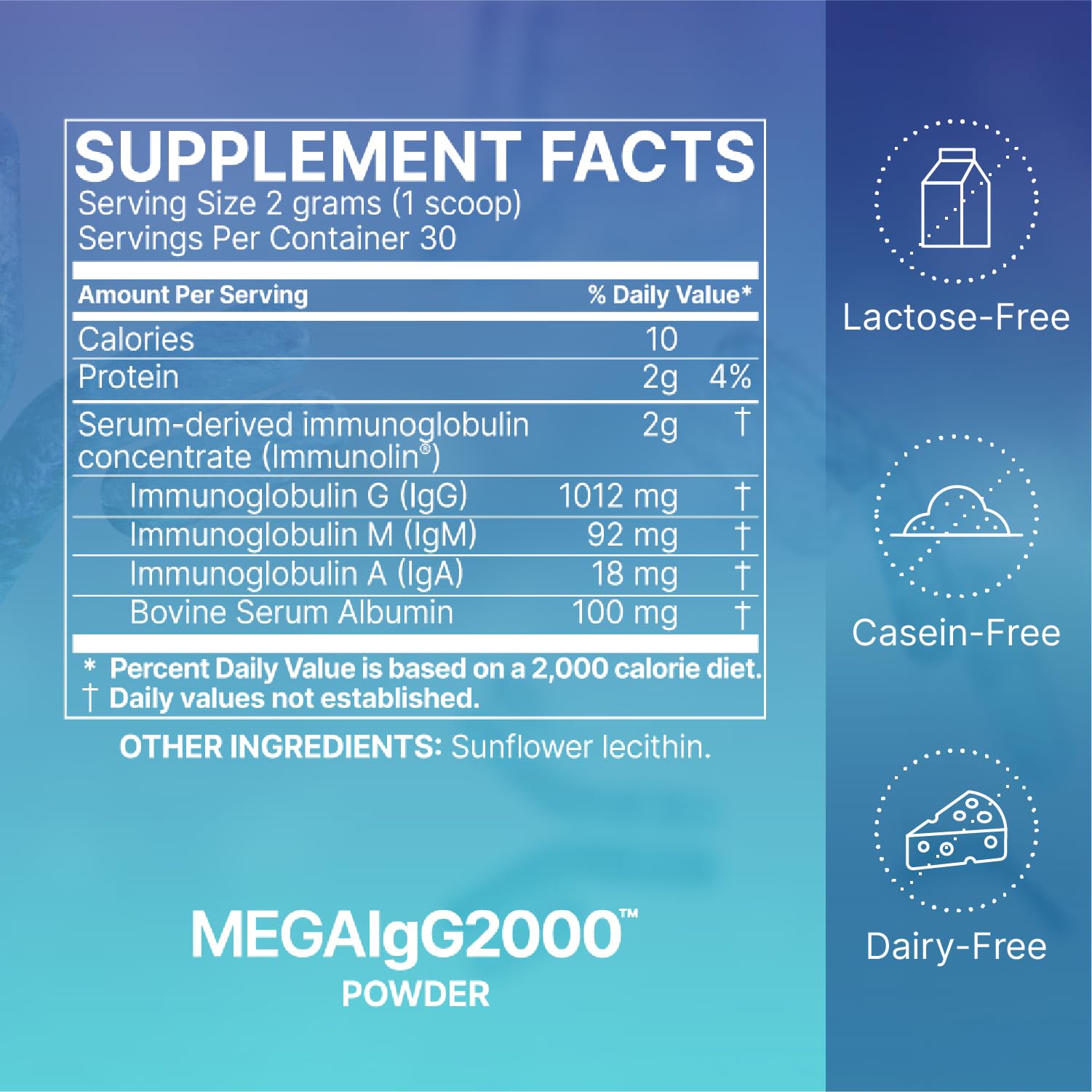 Front view of Mega IgG2000 bottle highlighting dairy-free formula.