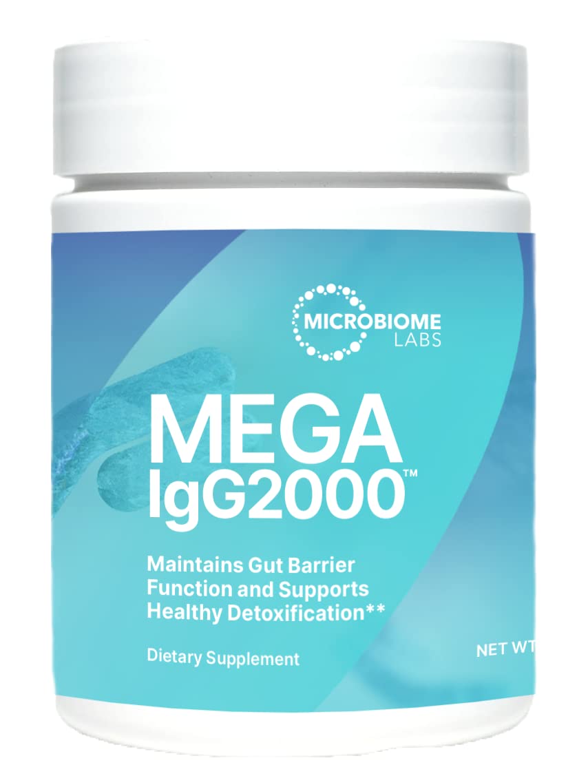 Microbiome Labs Mega IgG2000 powder bottle for daily gut support.