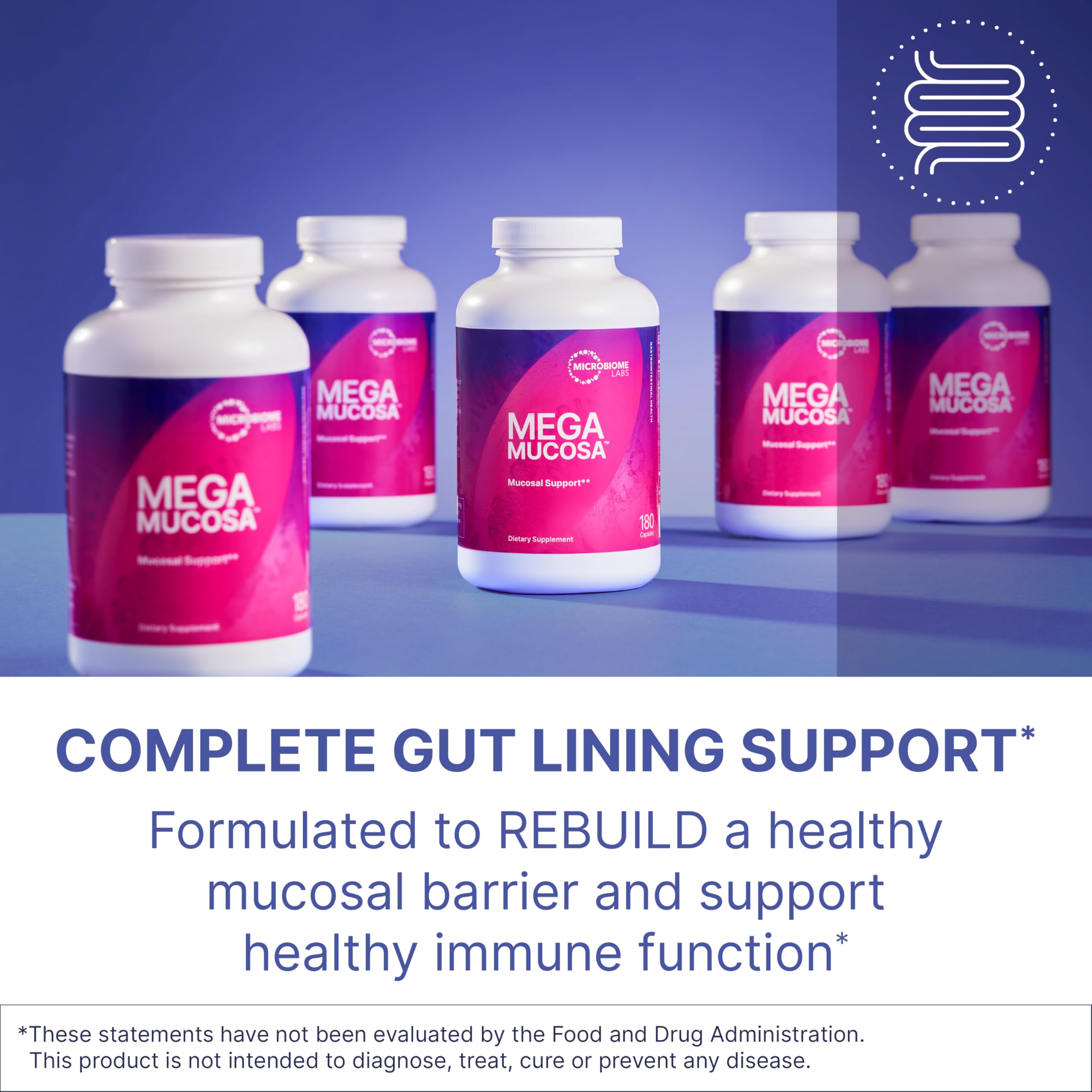 MegaMucosa capsules spread highlighting amino acids for mucin production and barrier health.