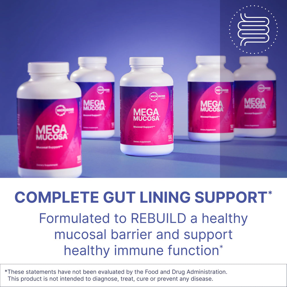 MegaMucosa capsules spread highlighting amino acids for mucin production and barrier health.