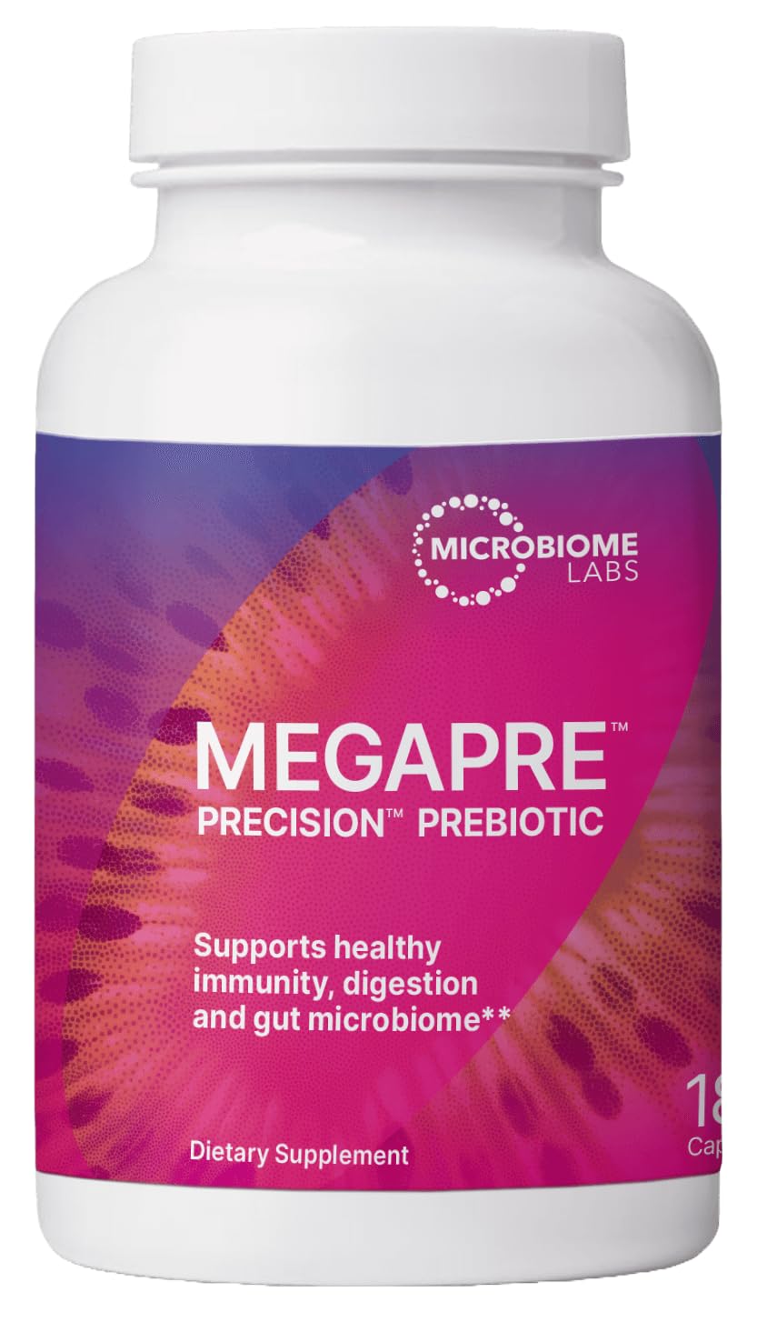 Microbiome Labs MegaPre bottle and label highlighting prebiotic fiber