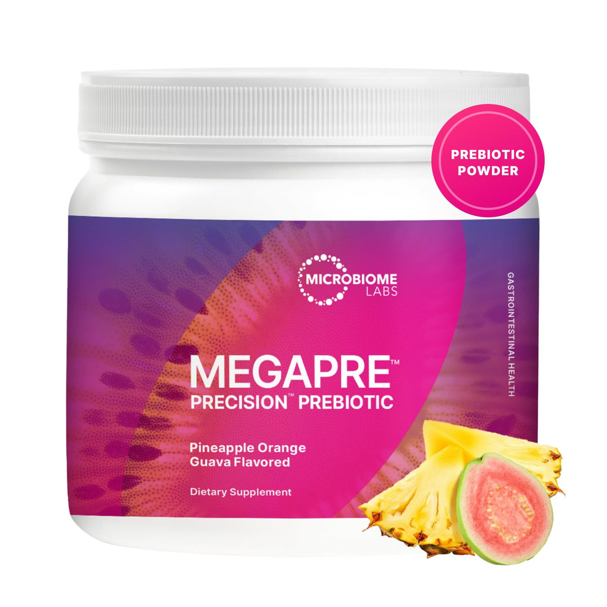 Microbiome Labs MegaPre bottle front shows the flavorful prebiotic for gut diversity.