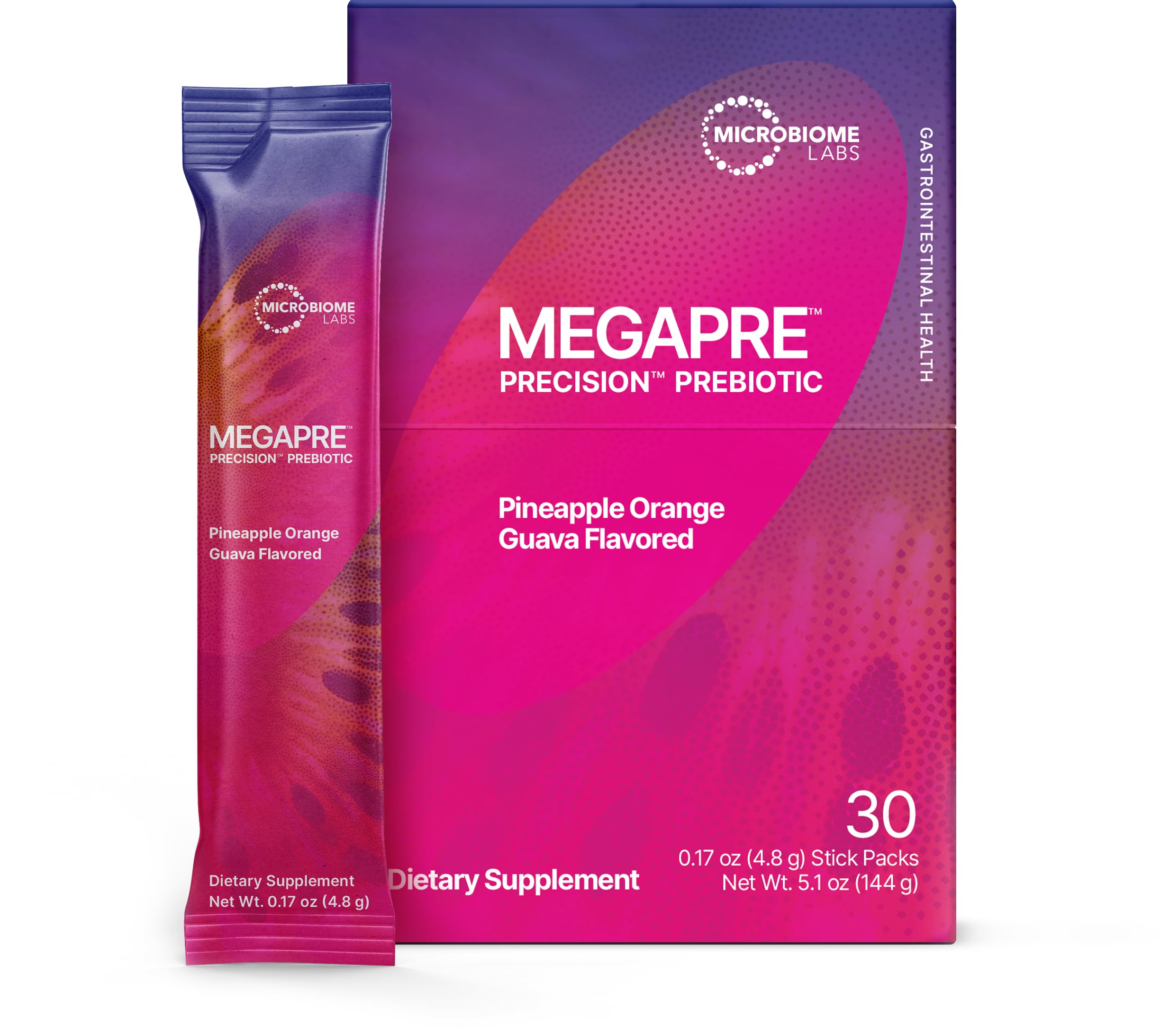 Microbiome Labs MegaPre stick pack for on-the-go prebiotic support in pineapple-orange-guava flavor.