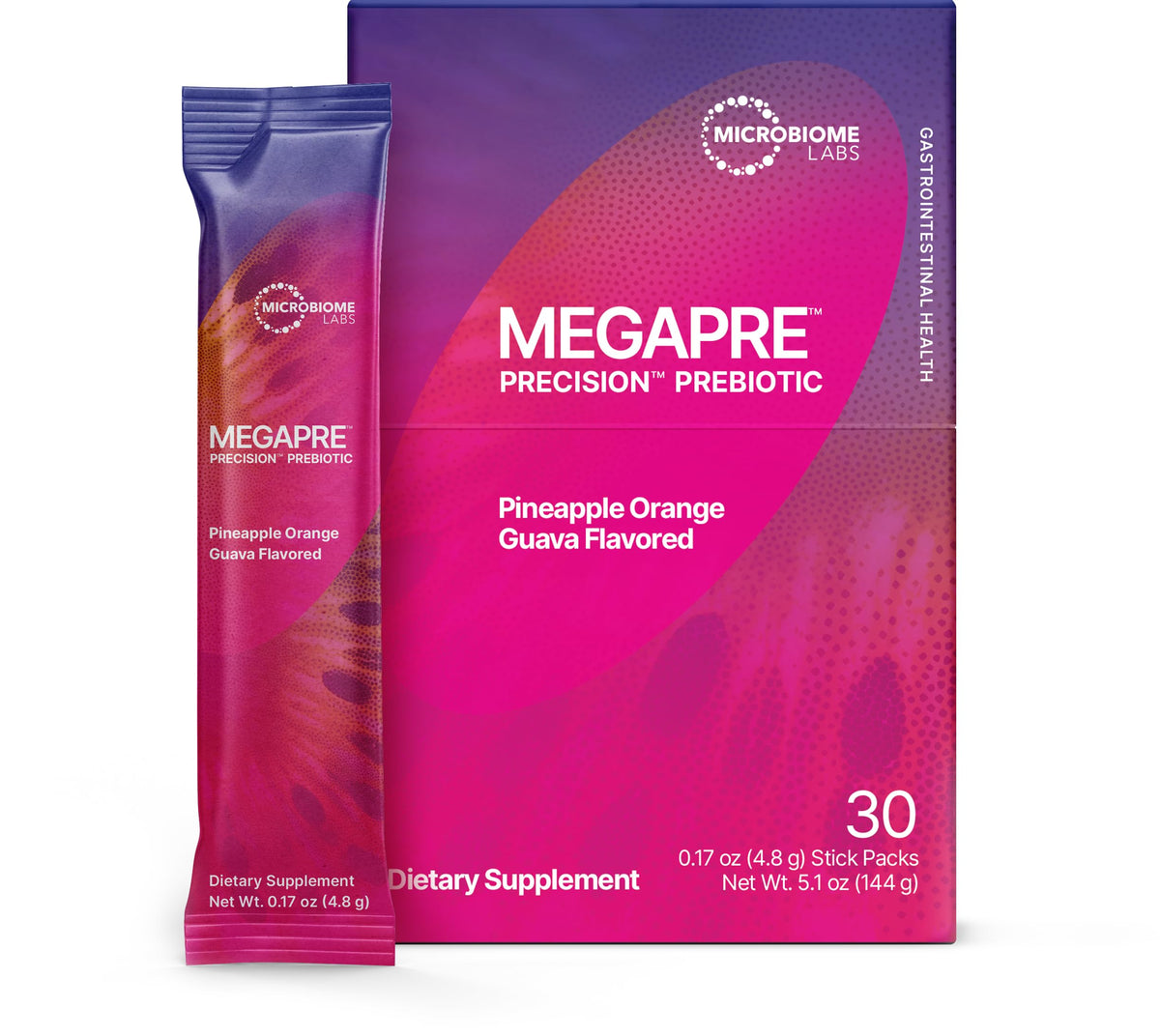 Microbiome Labs MegaPre stick pack for on-the-go prebiotic support in pineapple-orange-guava flavor.