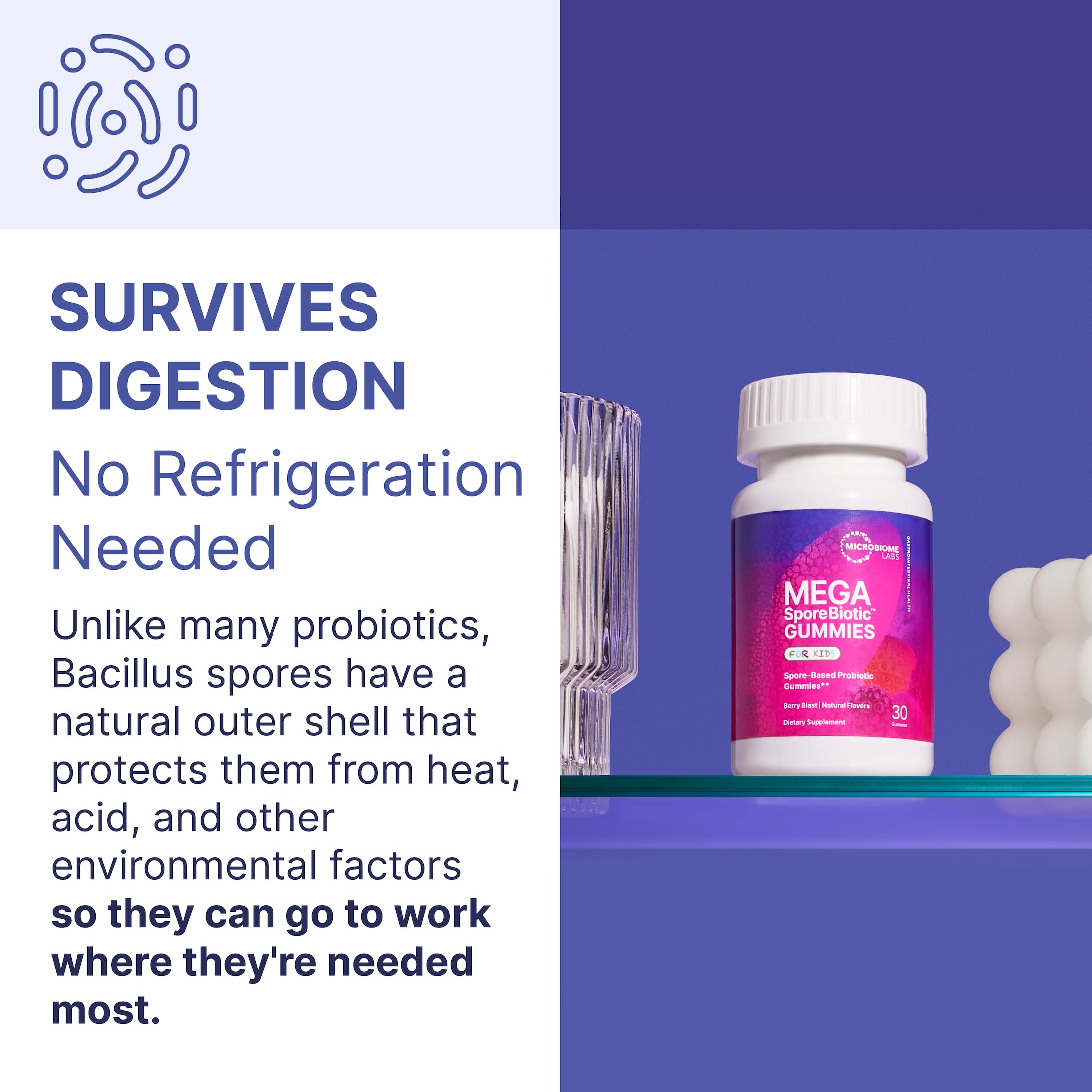 Microbiome Labs MegaSporeBiotic Kids digest support gummies on table