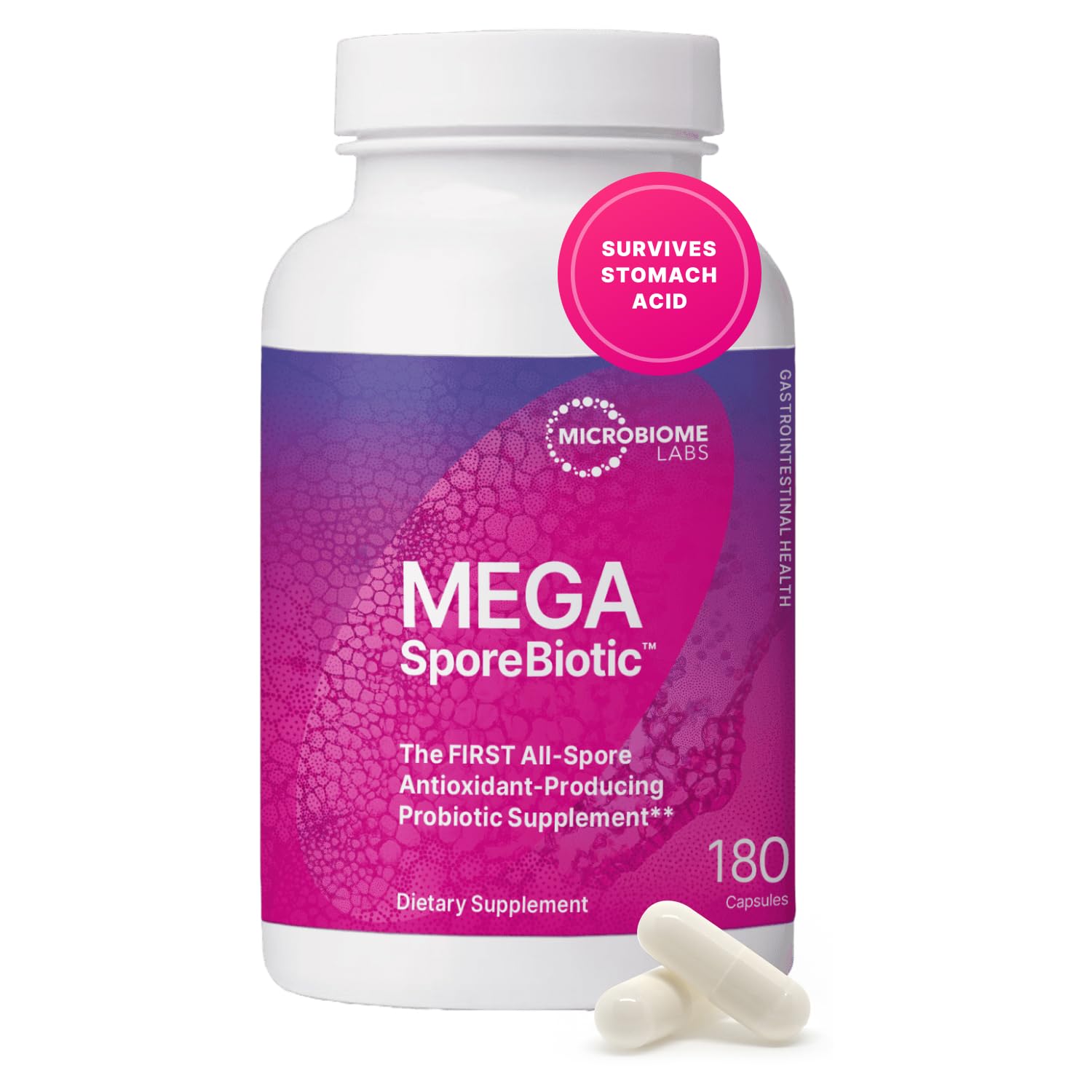 Microbiome Labs MegaSporeBiotic bottle front, shelf-stable for travel.