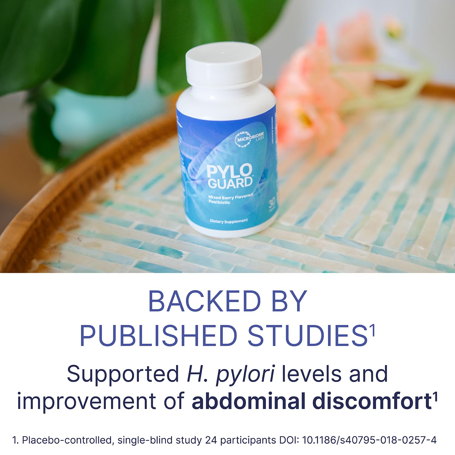 PyloGuard bottle back view showcases dosage guidelines for ages nine and up.