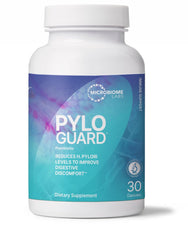 Microbiome Labs PyloGuard bottle front shows postbiotic capsule for digestive comfort.