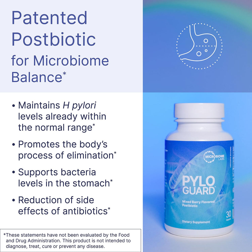 PyloGuard capsules closeup highlights patented DSM17648 postbiotic for immune-support potential.