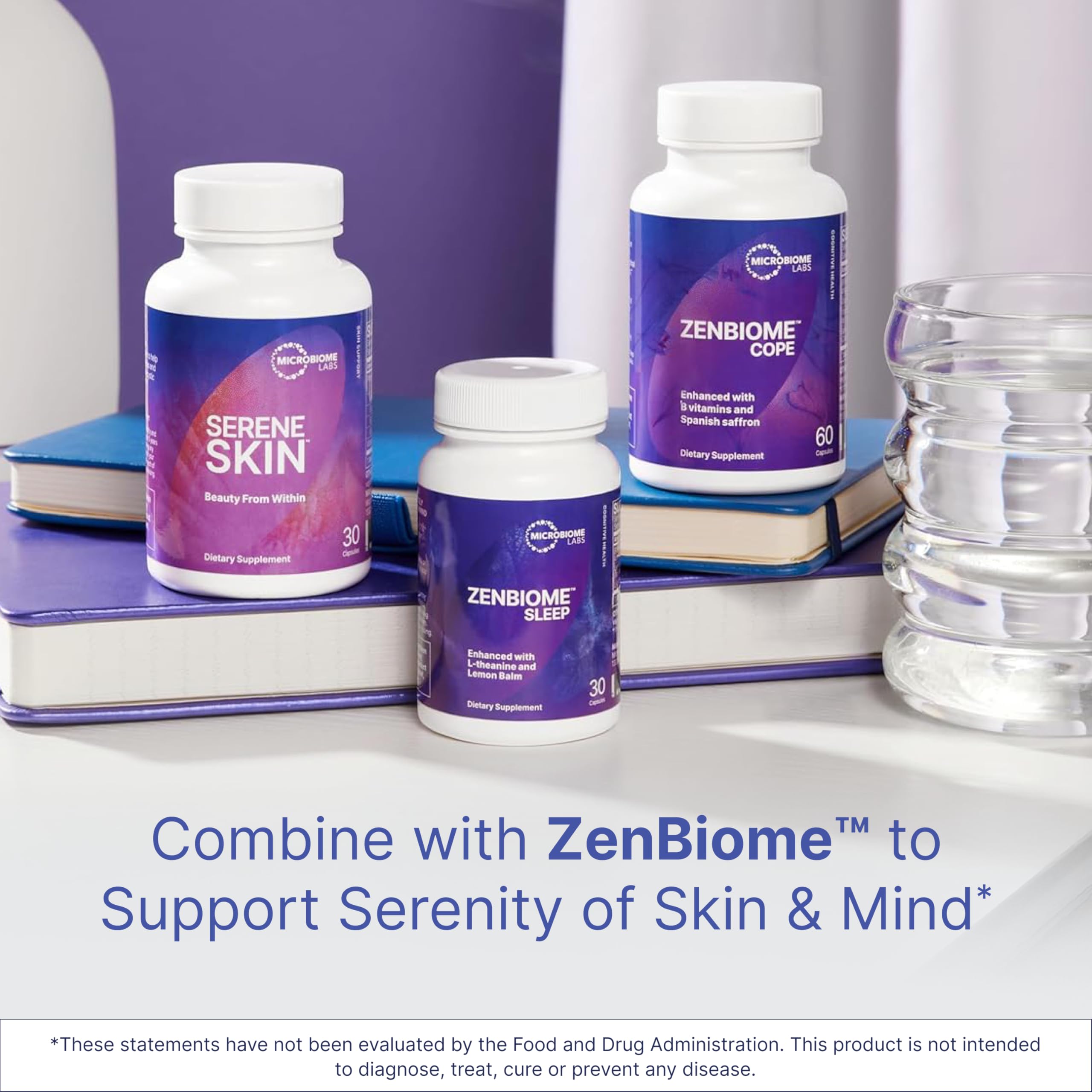 Microbiome Labs SereneSkin spoon and bottle scene suggests easy daily intake.