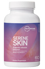 Microbiome Labs SereneSkin spore probiotic bottle supports daily skincare and gut balance.