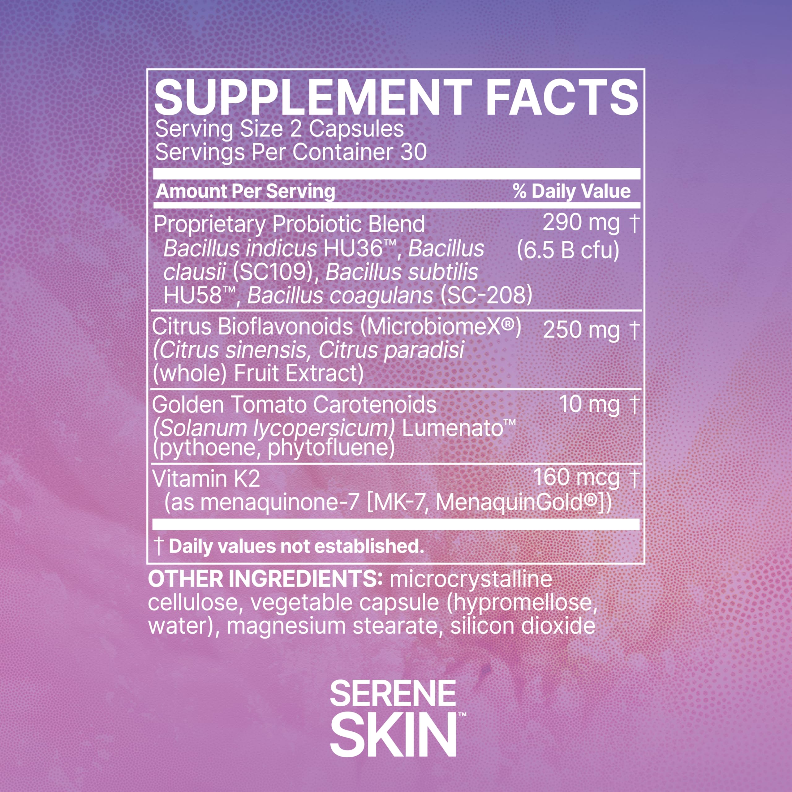 Microbiome Labs SereneSkin capsules resting beside glass promotes daily gut-skin routine.