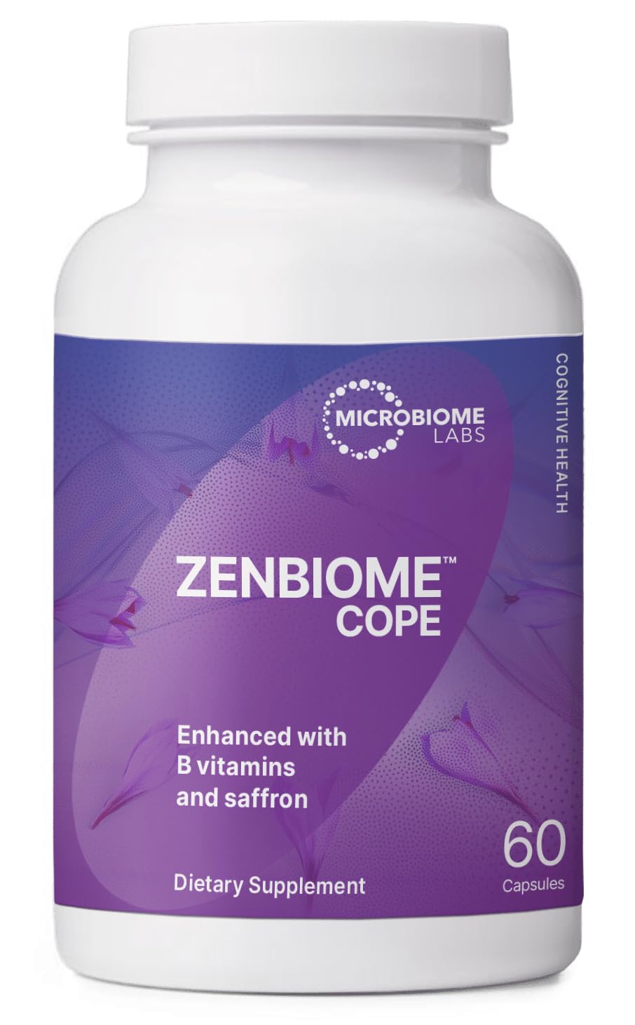 Microbiome Labs Zenbiome COPE bottle-front view indicating convenient mood support.