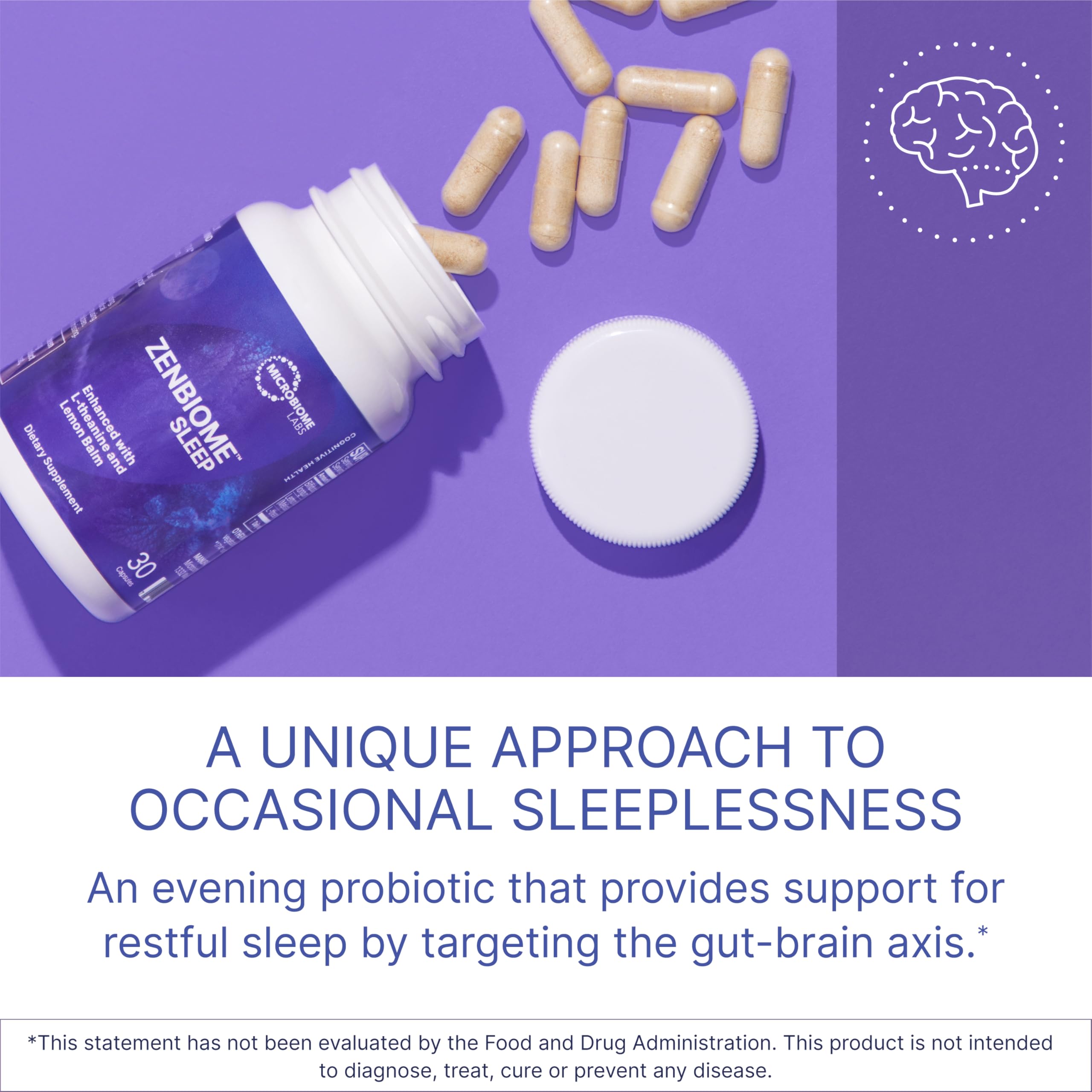 Microbiome Labs Zenbiome Sleep capsules close-up for easy evening supplementation.