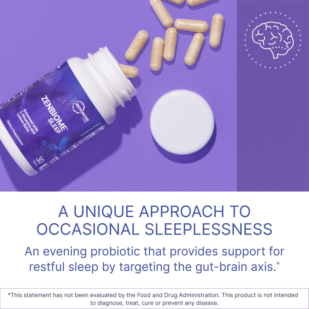 Microbiome Labs Zenbiome Sleep capsules close-up for easy evening supplementation.
