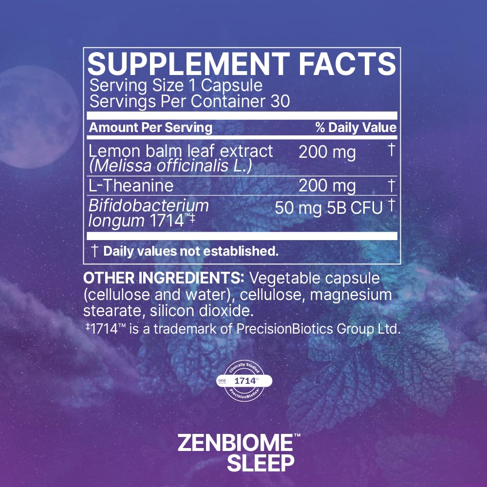 Microbiome Labs Zenbiome Sleep dosed capsule close-up for evening routine.