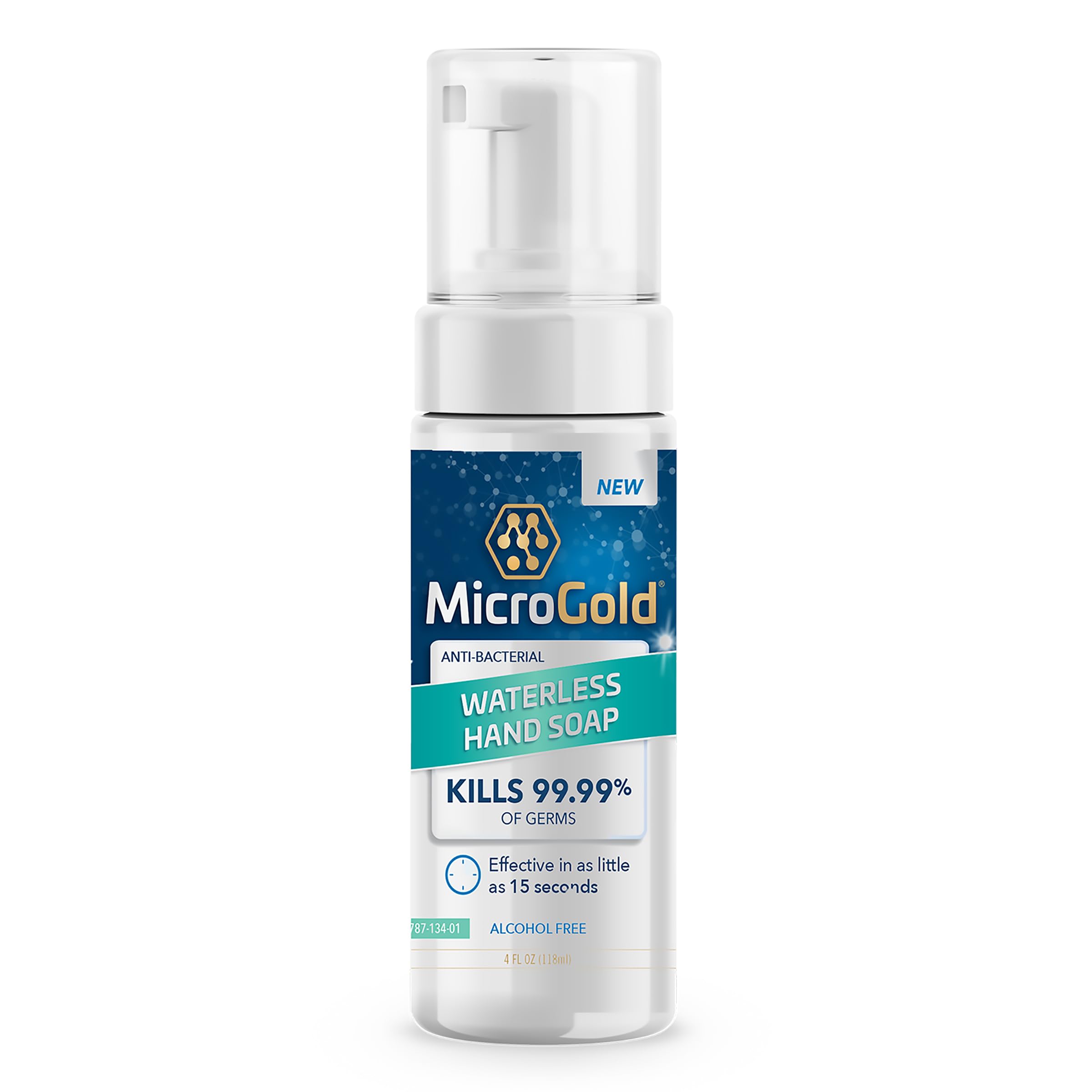 MicroGold hand sanitizer bottle pump showing quick germ elimination for on-the-go use.