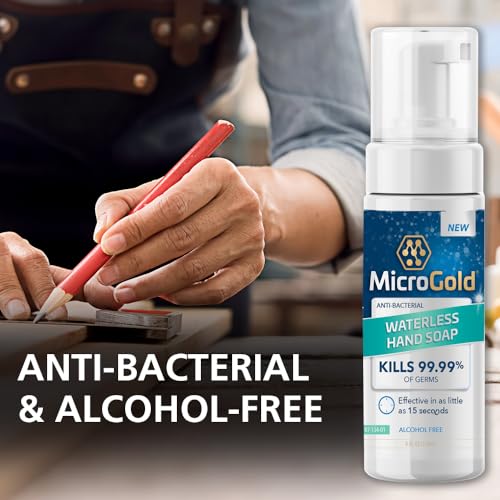 MicroGold antibacterial foam image demonstrates 15-second rub technique.