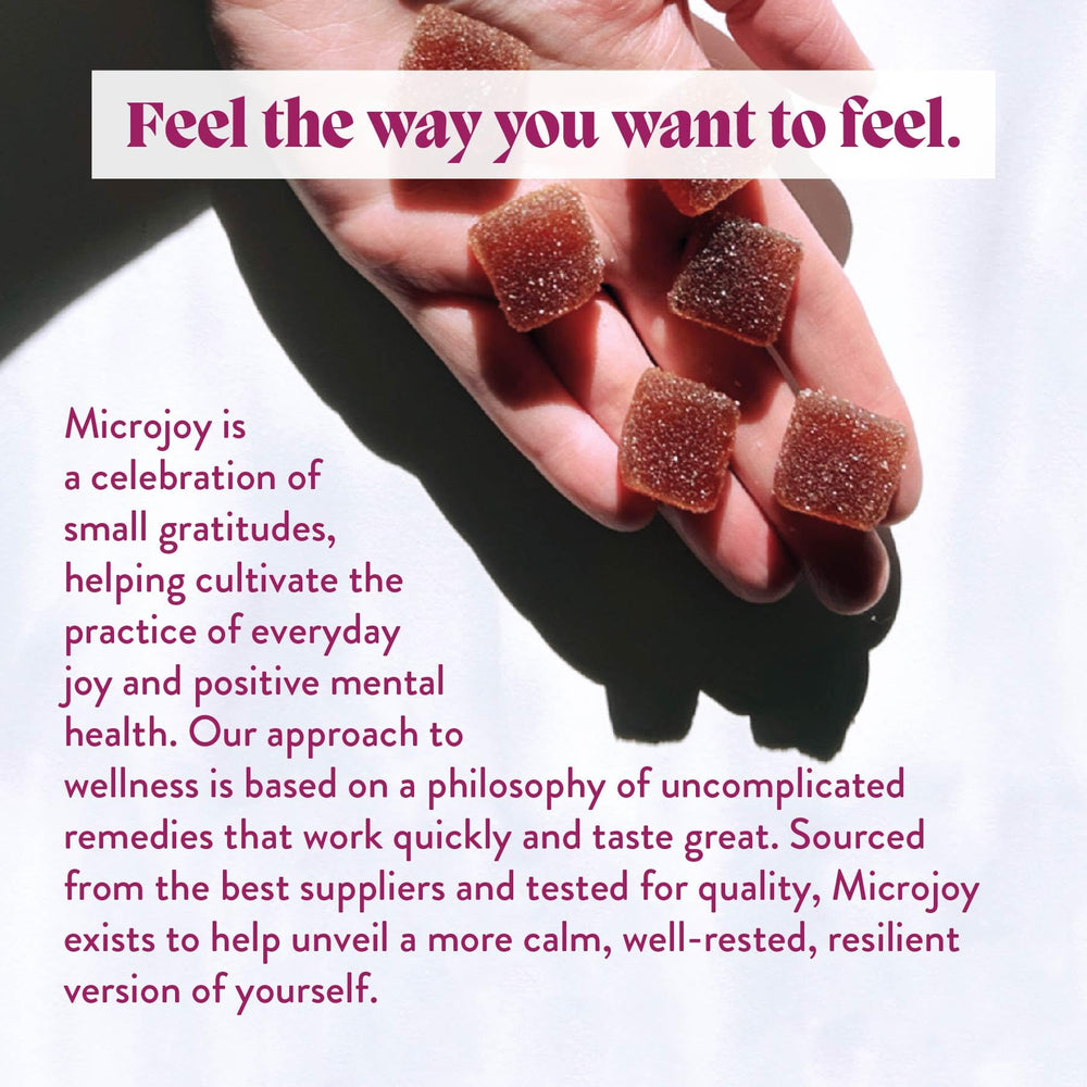 Nightstand scene with Microjoy Hibernate Gummies suggests a simple daily sleep routine.