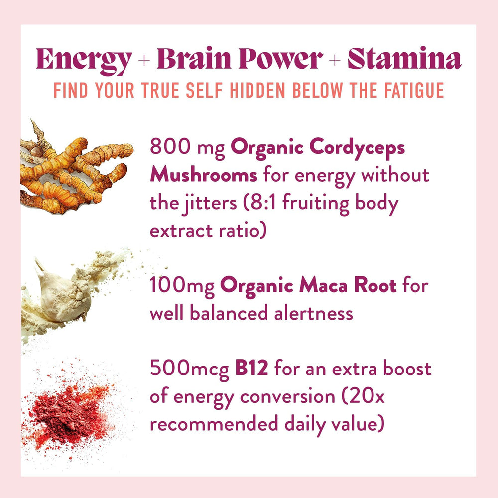 Microjoy Motivate bottle label highlights cordyceps and maca for natural energy