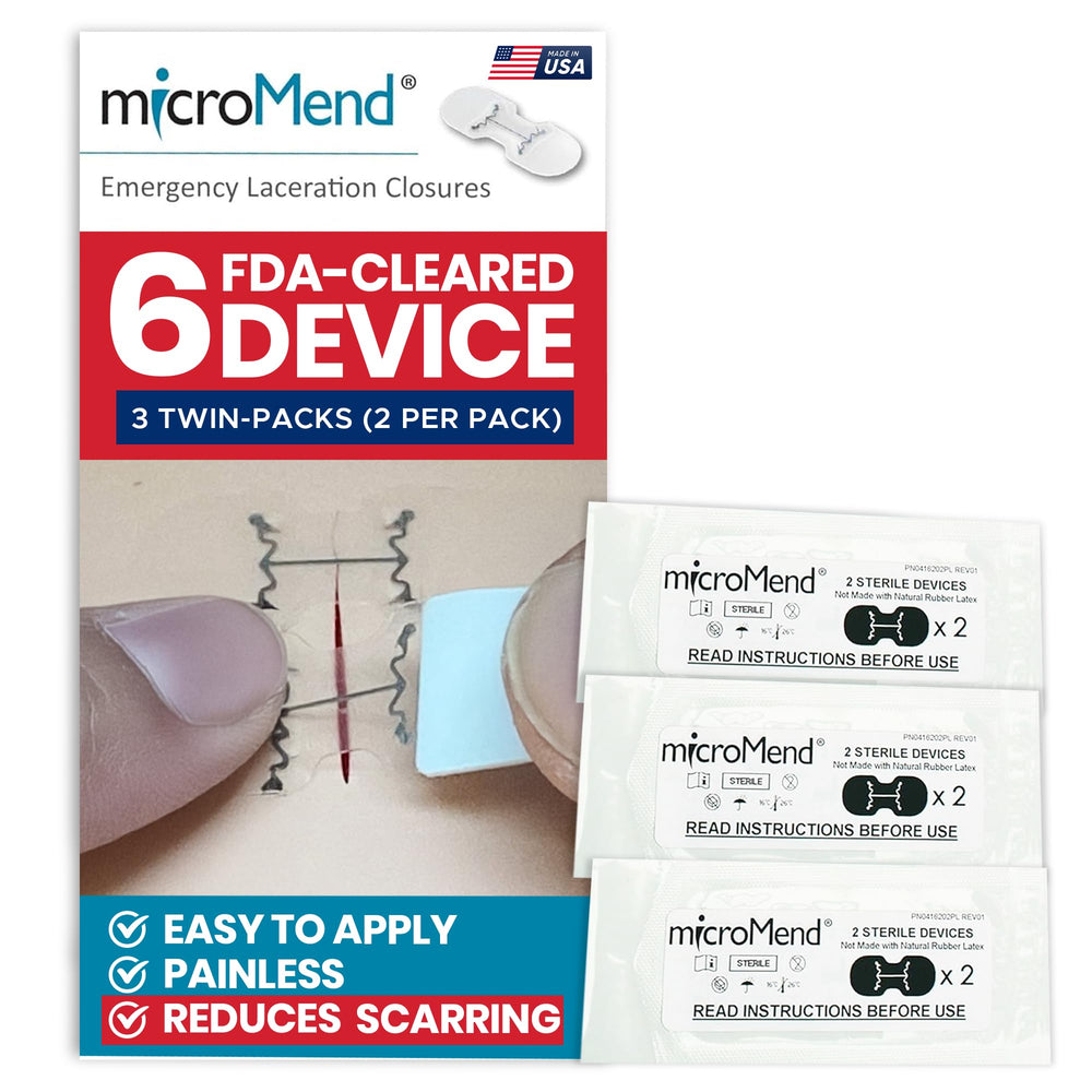 Micromend medium device closeup showing stitch-free wound closure potential for quick care