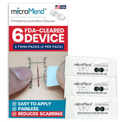 Micromend medium device closeup showing stitch-free wound closure potential for quick care