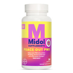 Midol Peace Out PMS bottle front view shows vegan, drug-free support for mild PMS.