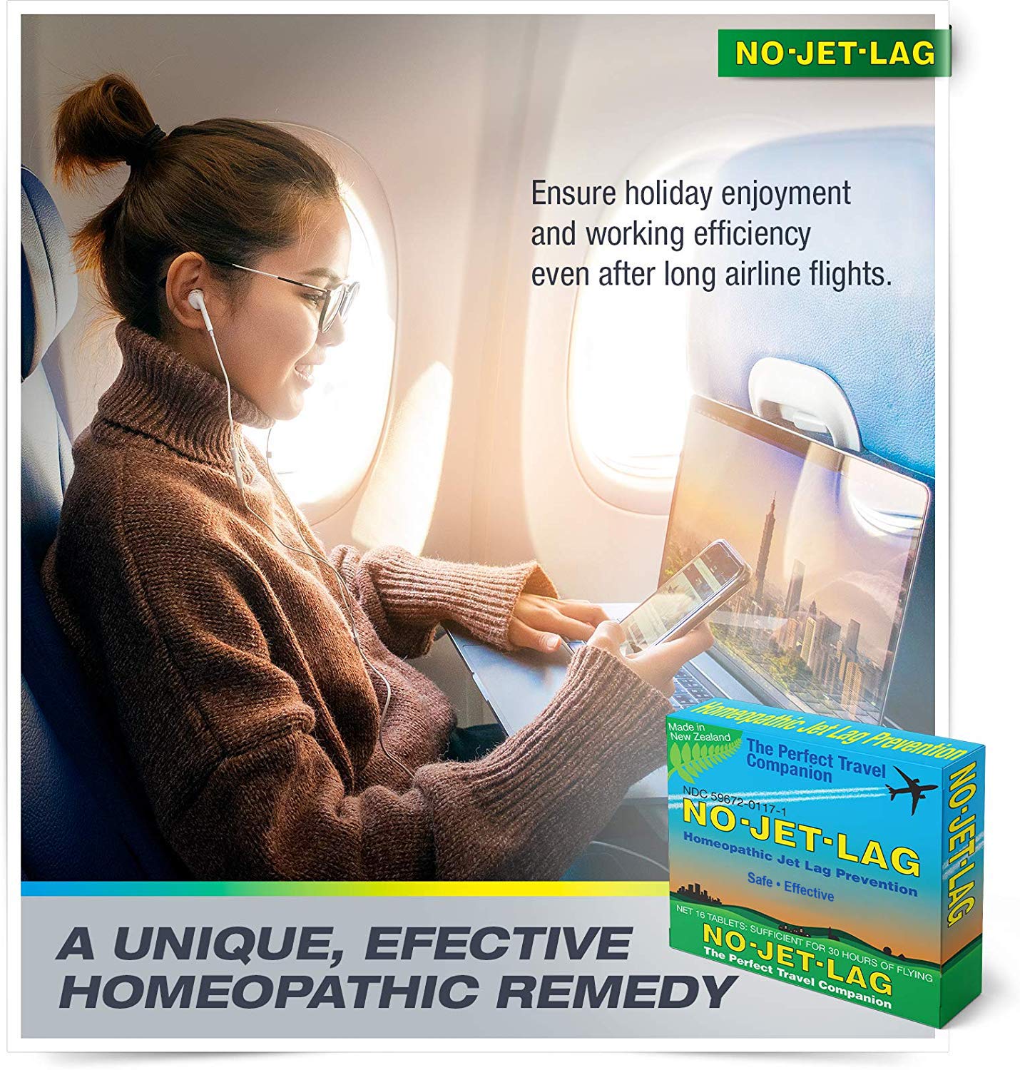 Travel-ready No Jet Lag packaging ideal for long flights.