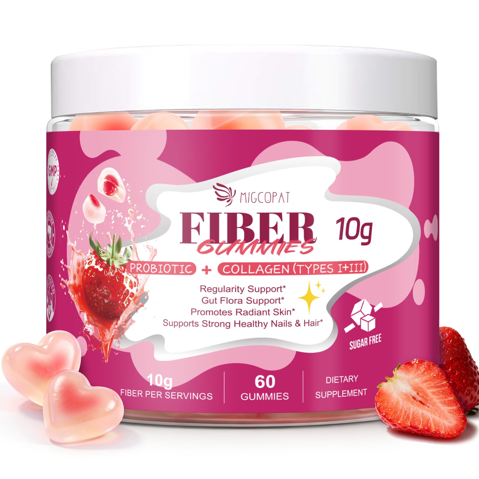 Migcopat 10G Fiber Gummies package showing fiber-rich daily wellness bite for digestion