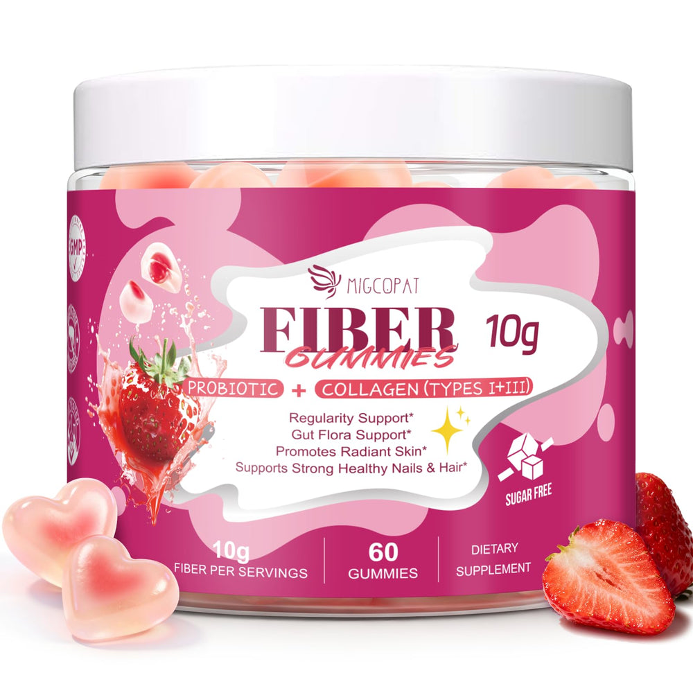 Migcopat 10G Fiber Gummies package showing fiber-rich daily wellness bite for digestion