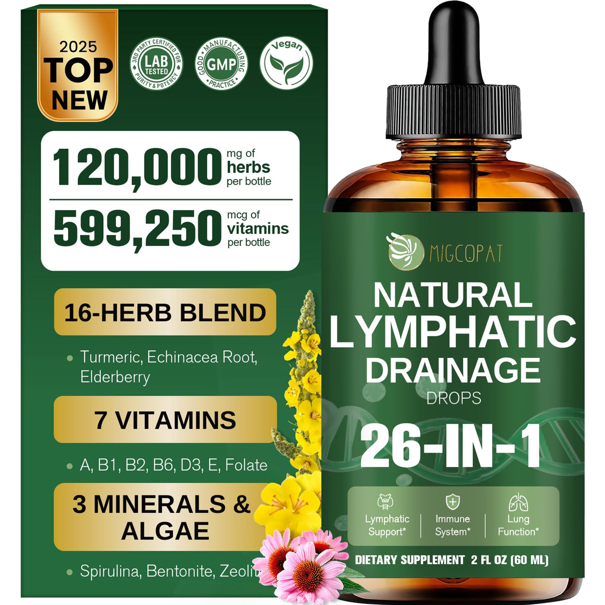 Migcopat 26-in-1 liposomal drops bottle highlighting detox and immune support.