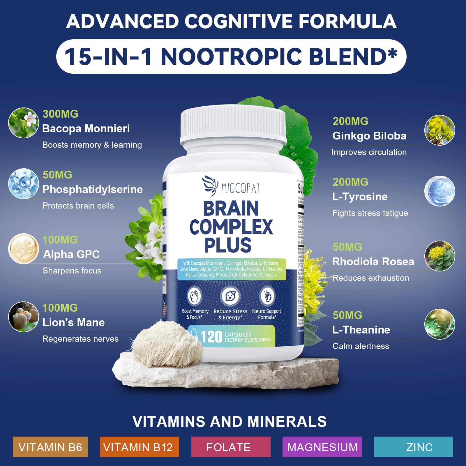 Migcopat bottle label view highlights ingredients and benefits.