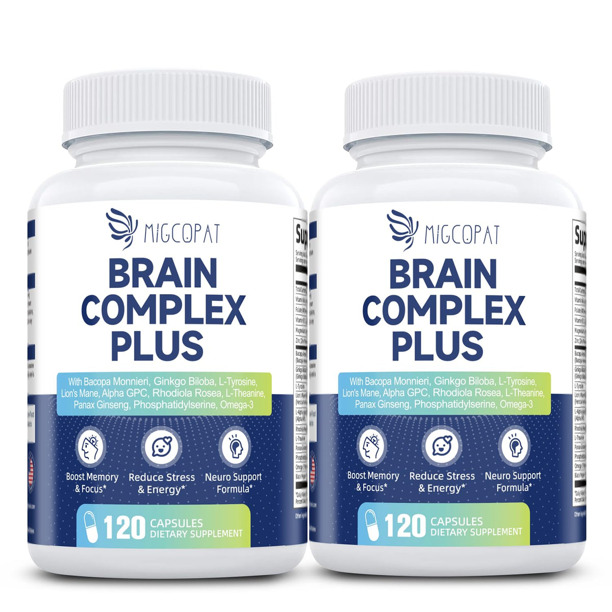 Migcopat brain supplement bottle front view for daily cognitive support.