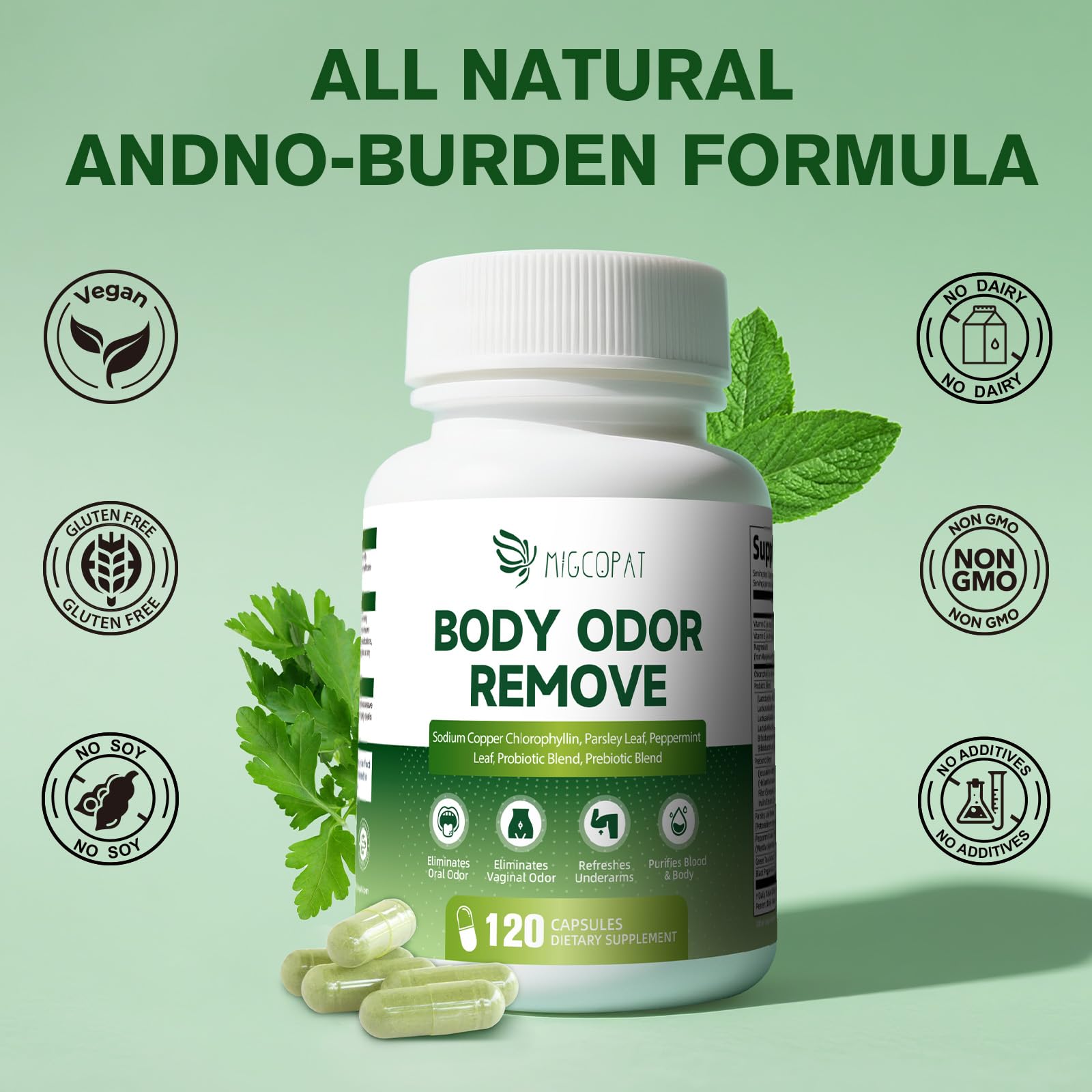 Migcopat Chlorophyll ingredients icons highlight probiotics and prebiotic blend