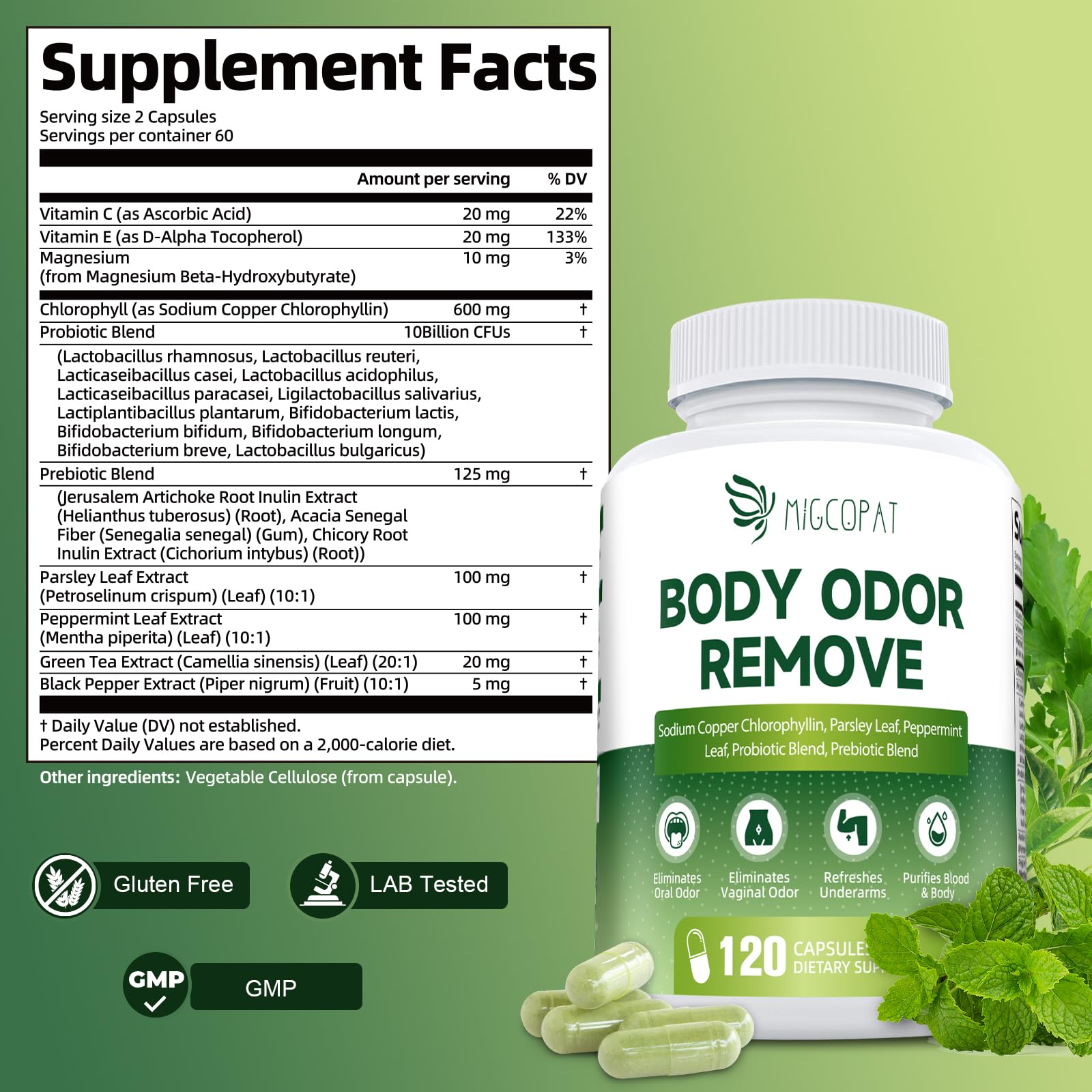 Migcopat Chlorophyll probiotics bottle highlighting 10 Billion CFUs