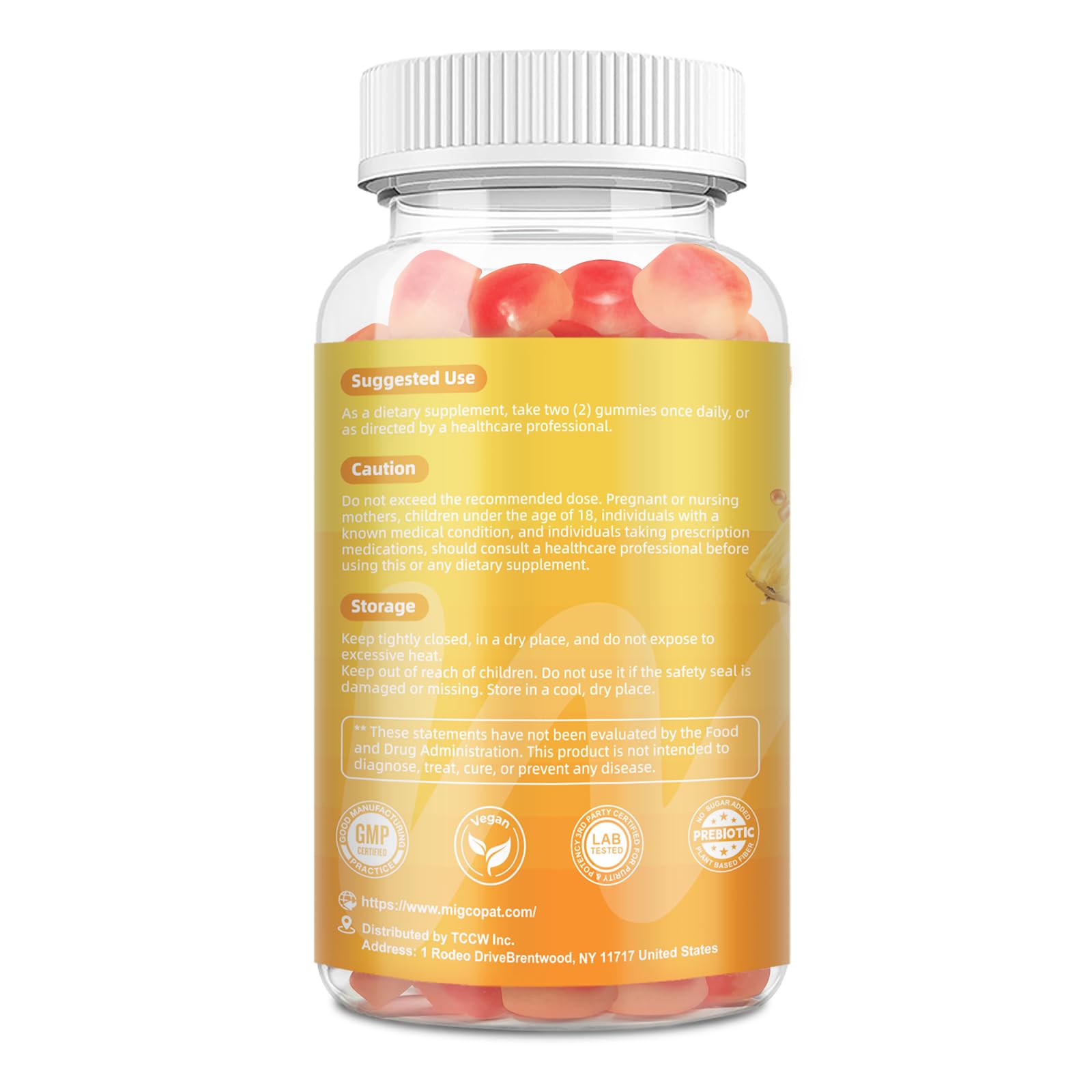 Migcopat daily-use ritual with water and gummies beside the bottle.