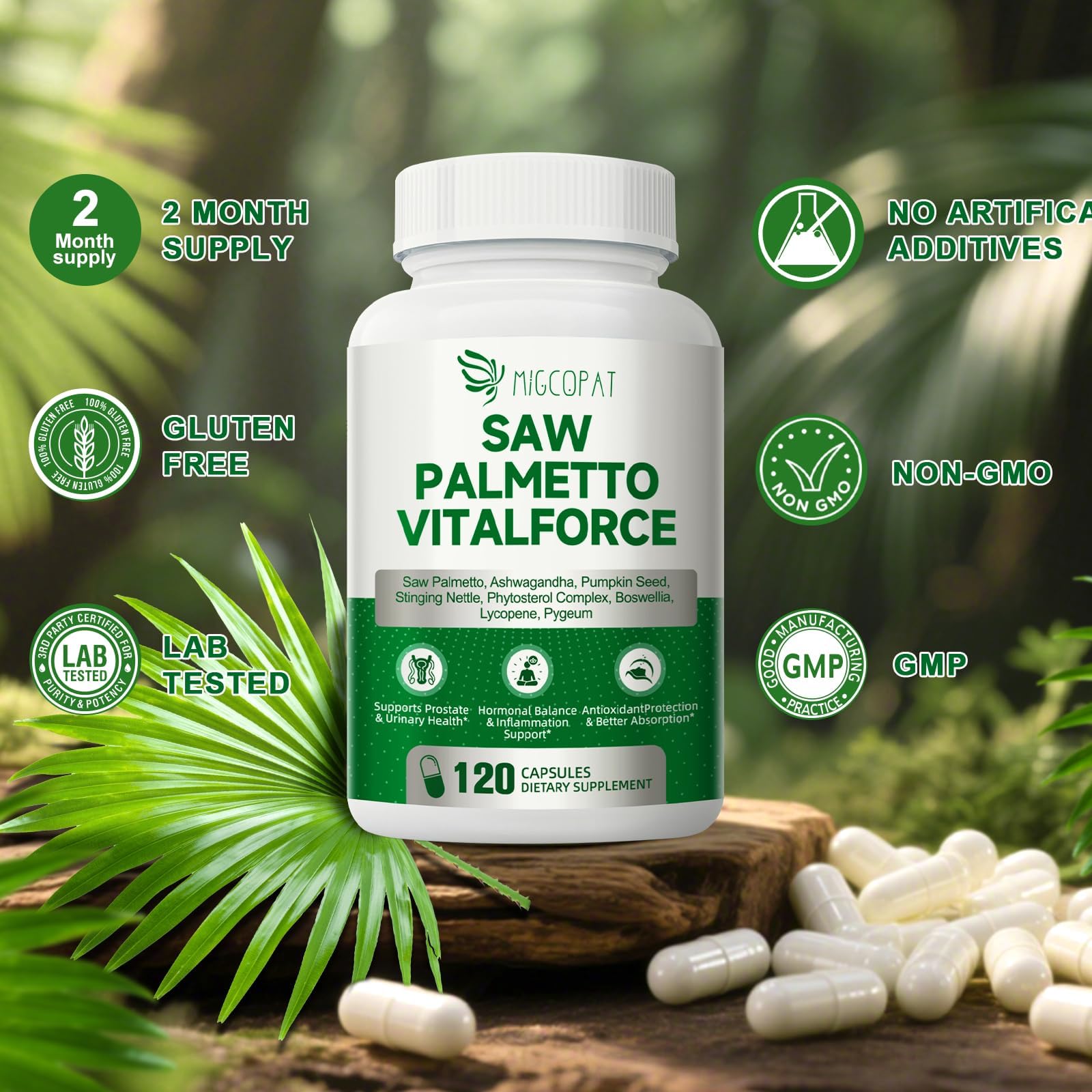 Migcopat label featuring DHT blocker and 23-in-1 formulation