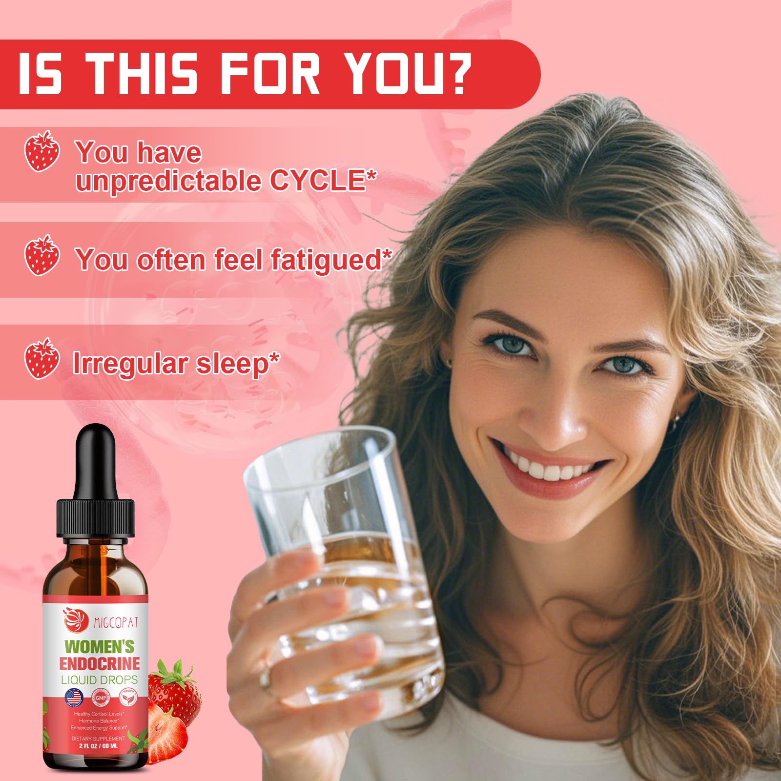 Pouring Migcopat drops into water shows easy daily use for cortisol balance.